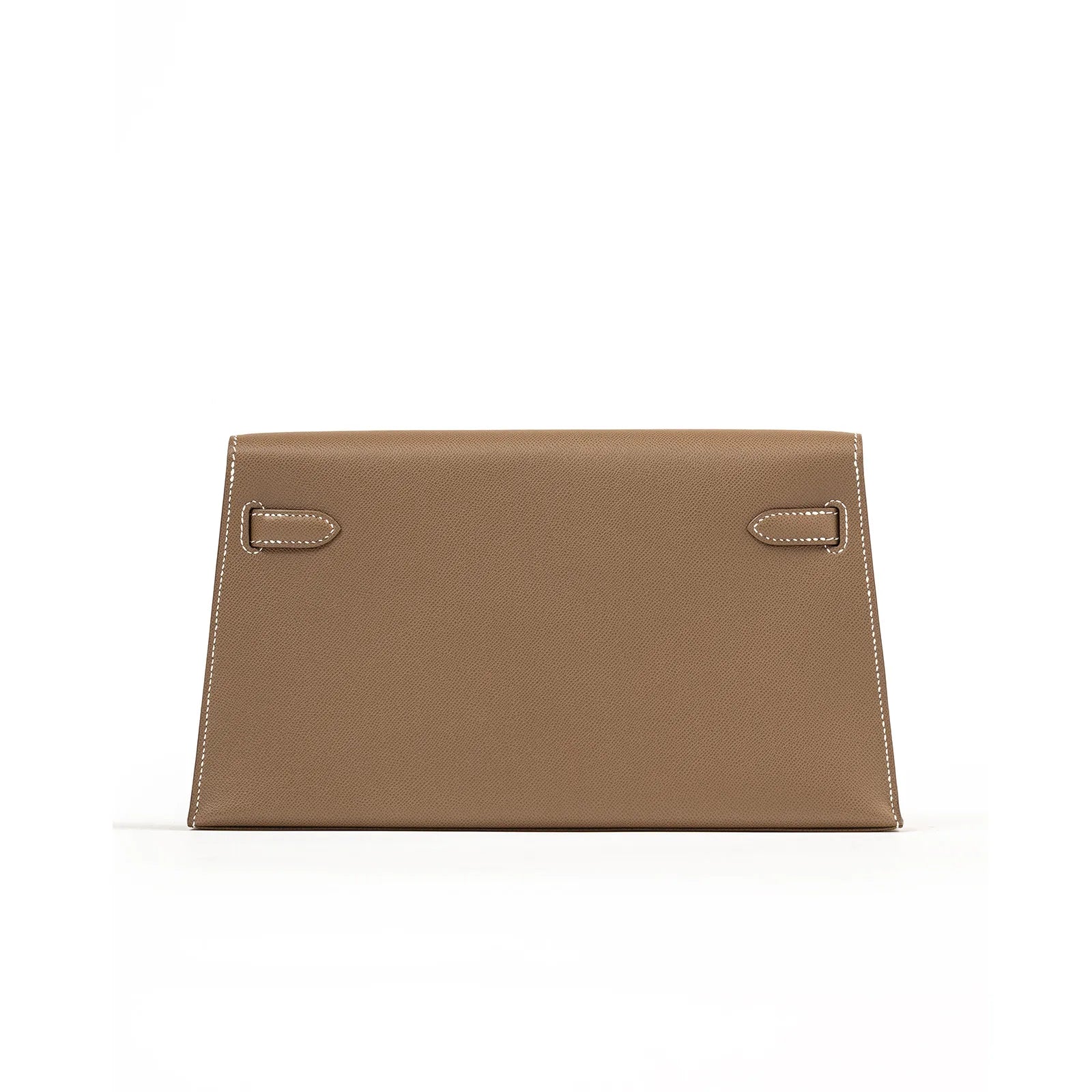 Back view of Hermès Kelly Elan Etoupe Madame Palladium Hardware showcasing smooth leather and stitching details