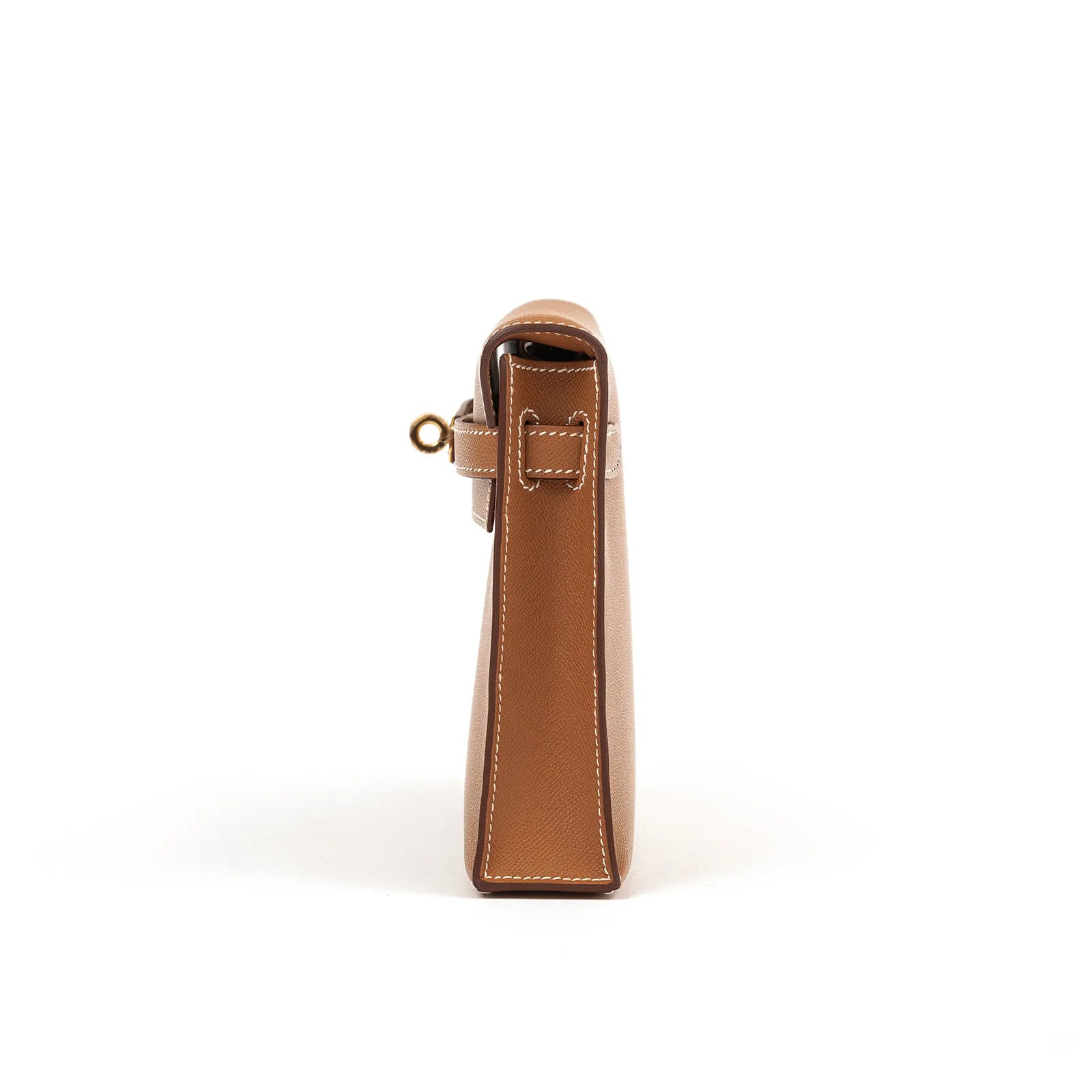 Side view of Hermès Kelly Elan Gold Madame Gold Hardware showcasing smooth leather and contrast stitching