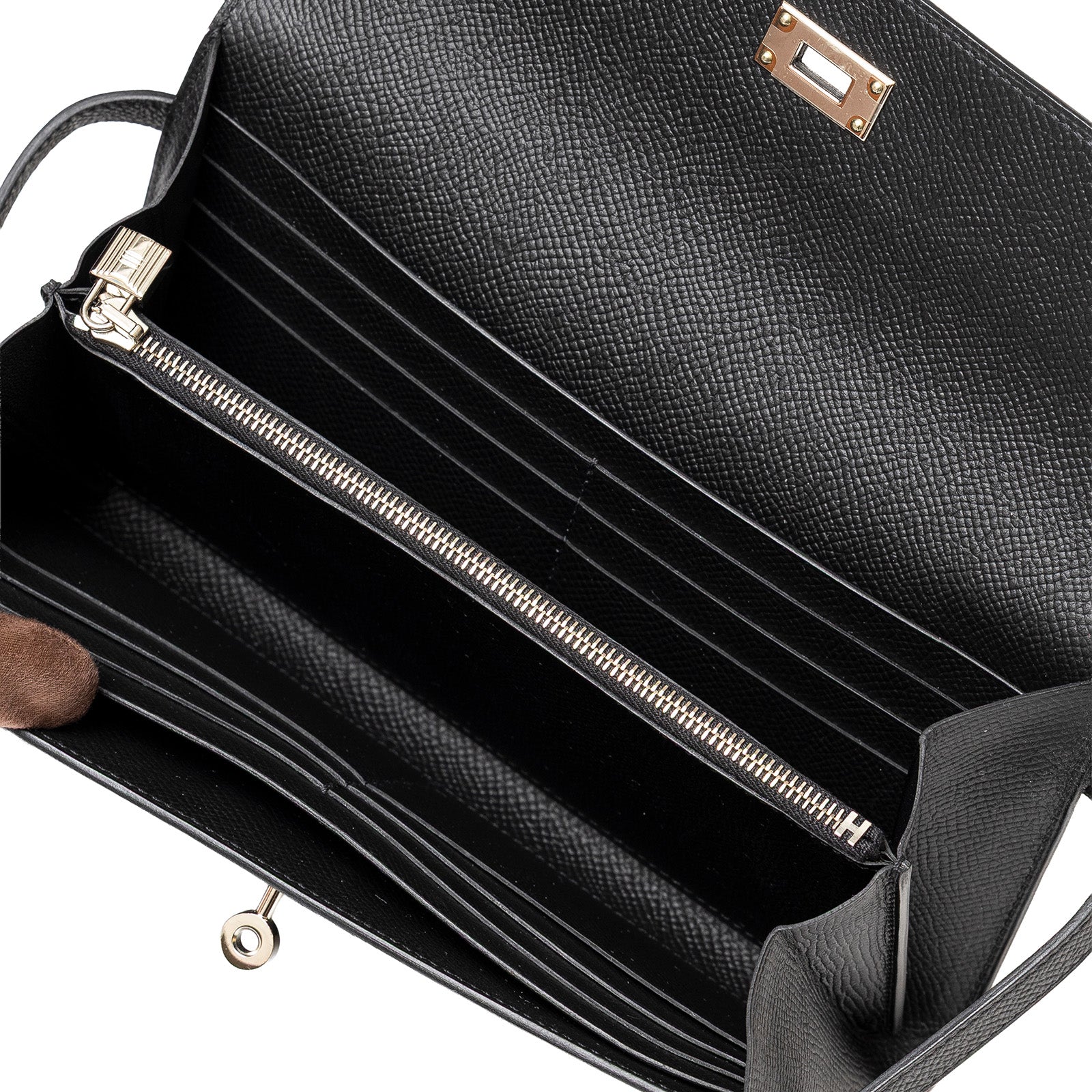 Interior view of Hermès Kelly Long Wallet Black Epsom Palladium Hardware showing card slots and zipper compartment