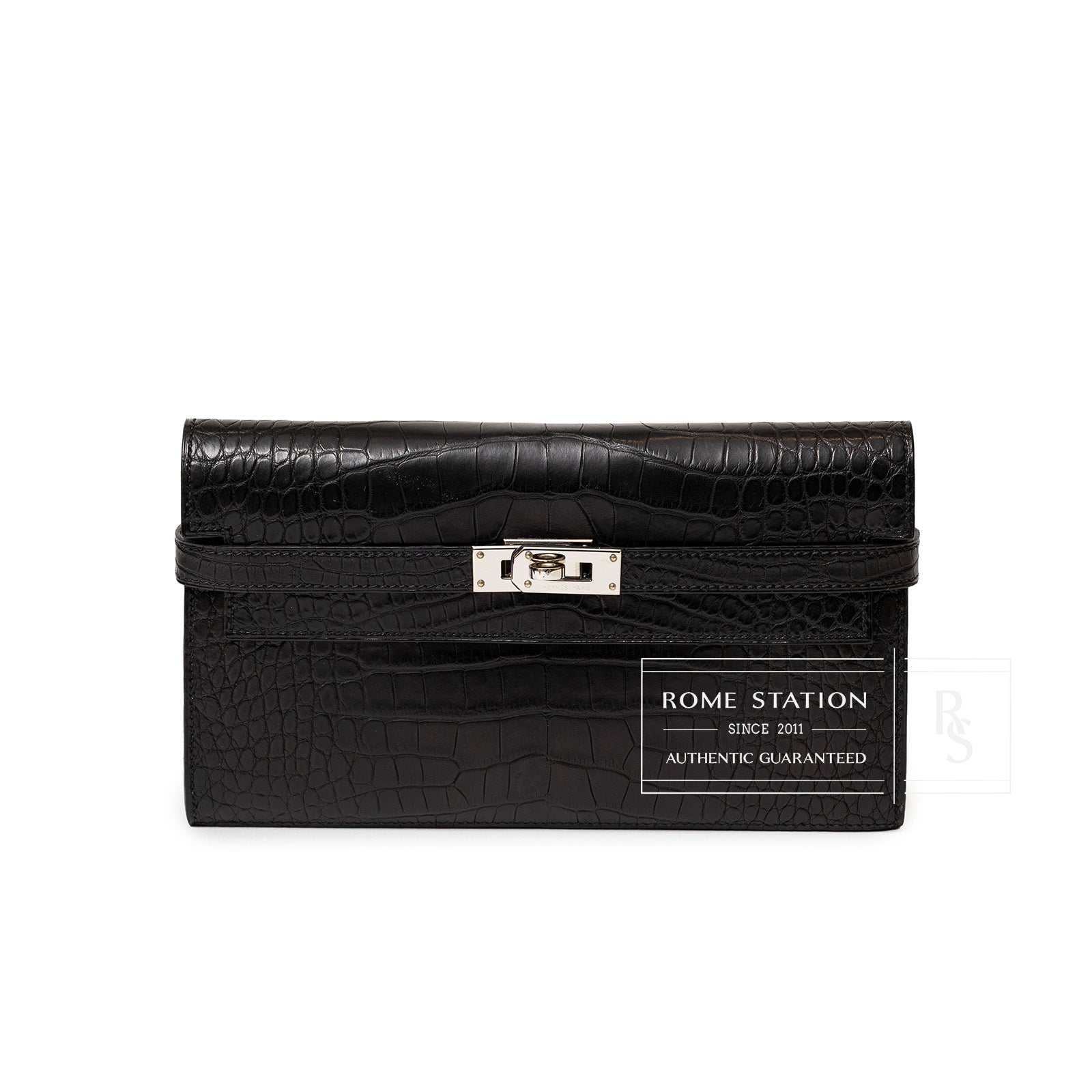 Front view of Hermès Kelly Long Wallet Black Matte Alligator Palladium Hardware with clasp detail visible