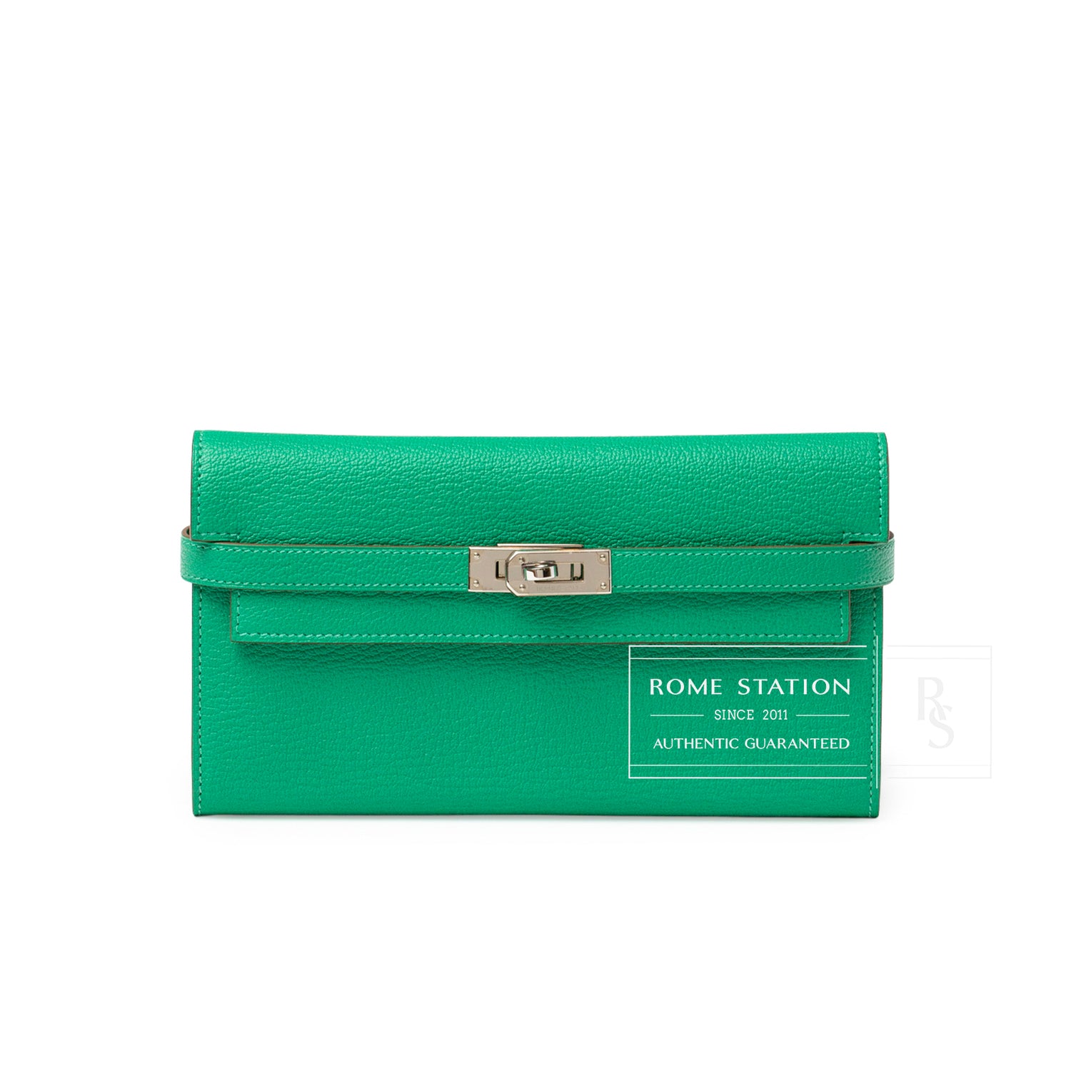 Front view of Hermès Kelly Long Wallet Menthe Chevre Mysore Palladium Hardware showing clasp detail