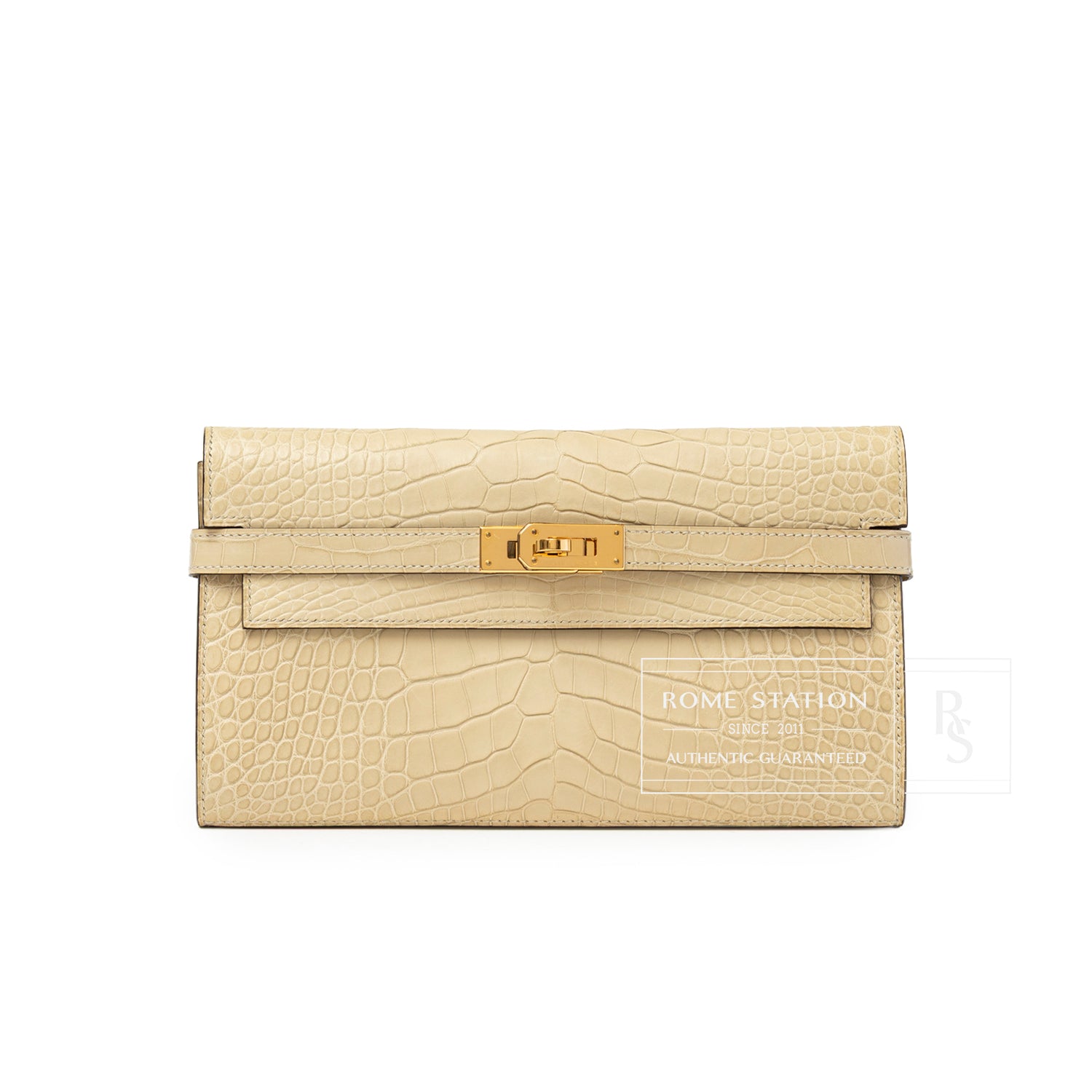 Front view of Hermès Kelly Long Wallet Vanille Matte Alligator Gold Hardware with clasp detail and textured leather surface