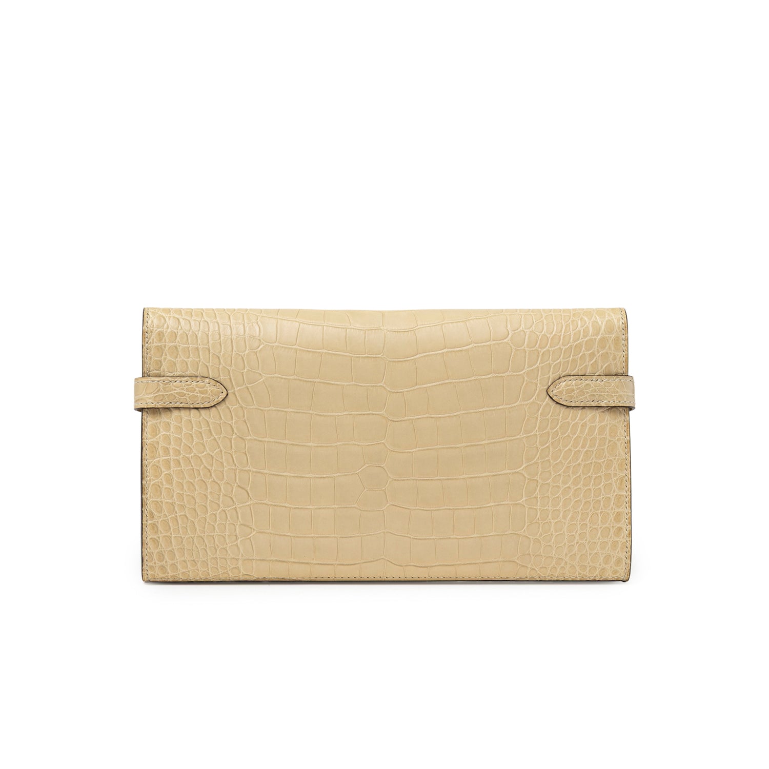 Back view of Hermès Kelly Long Wallet Vanille Matte Alligator Gold Hardware showing embossed leather texture and strap details