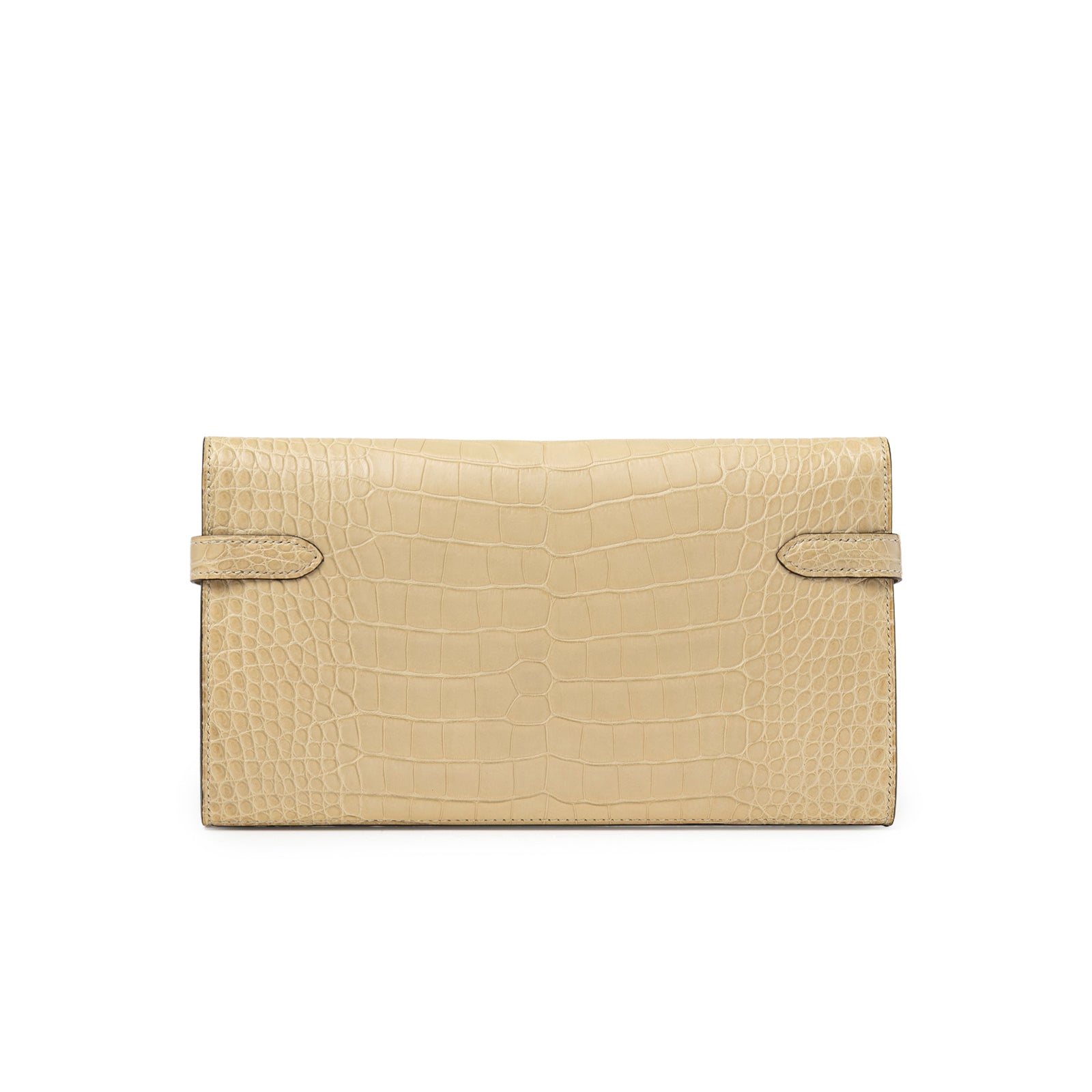 Back view of Hermès Kelly Long Wallet Vanille Matte Alligator Gold Hardware showing embossed leather texture and strap details