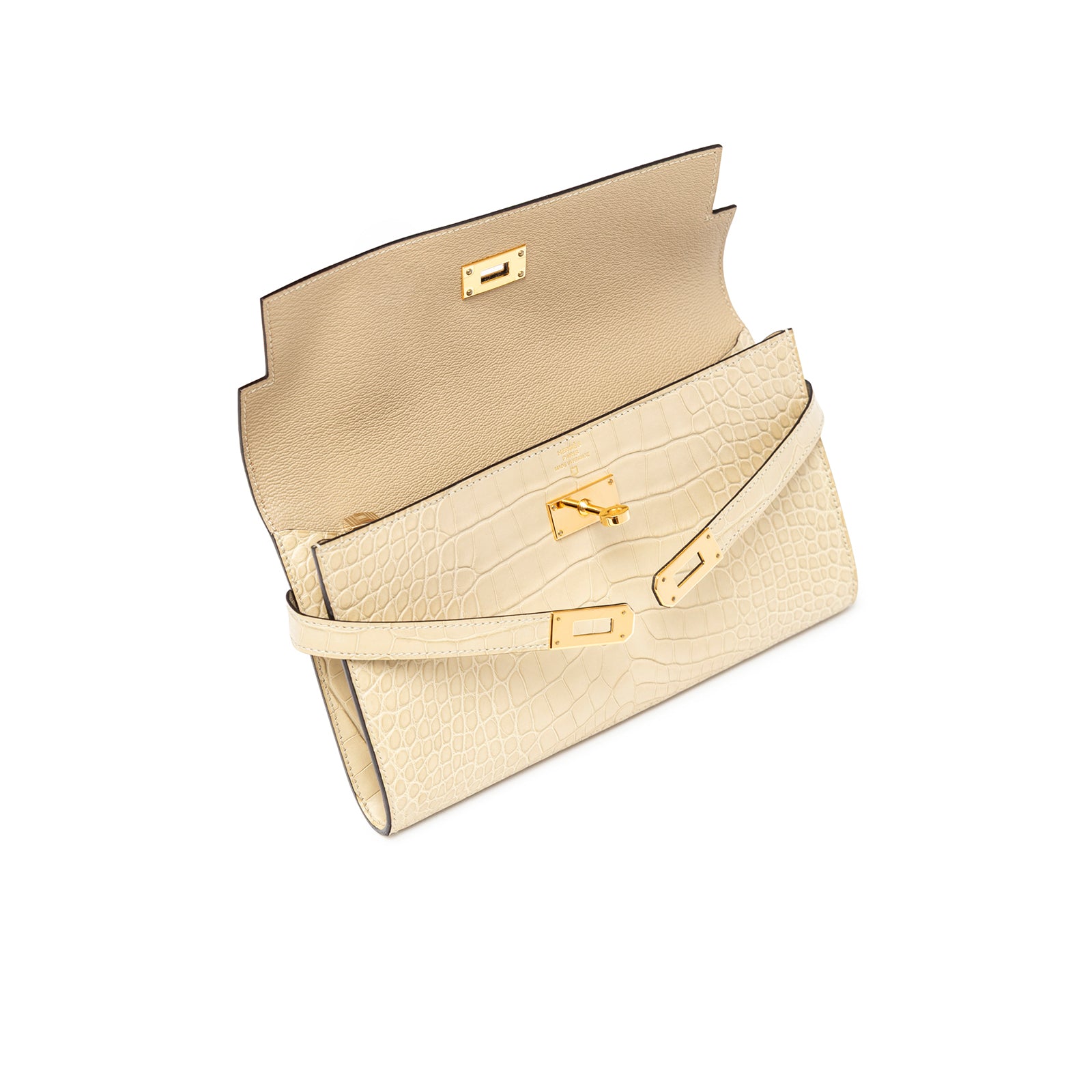 Open top view of Hermès Kelly Long Wallet Vanille Matte Alligator Gold Hardware showing interior lining and strap detail