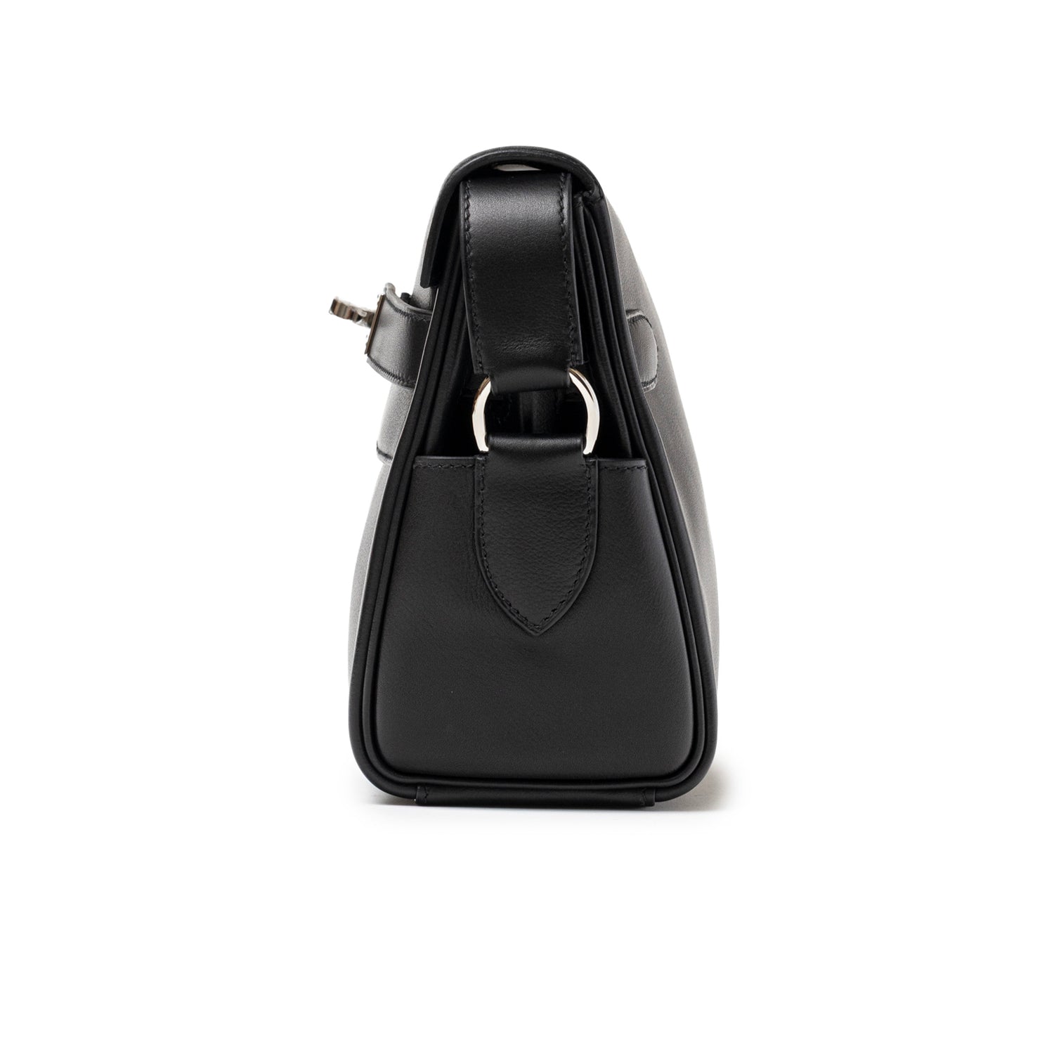 Side view of Hermès Kelly Messenger PM Black Evergrain Palladium Hardware showing side profile and strap detail