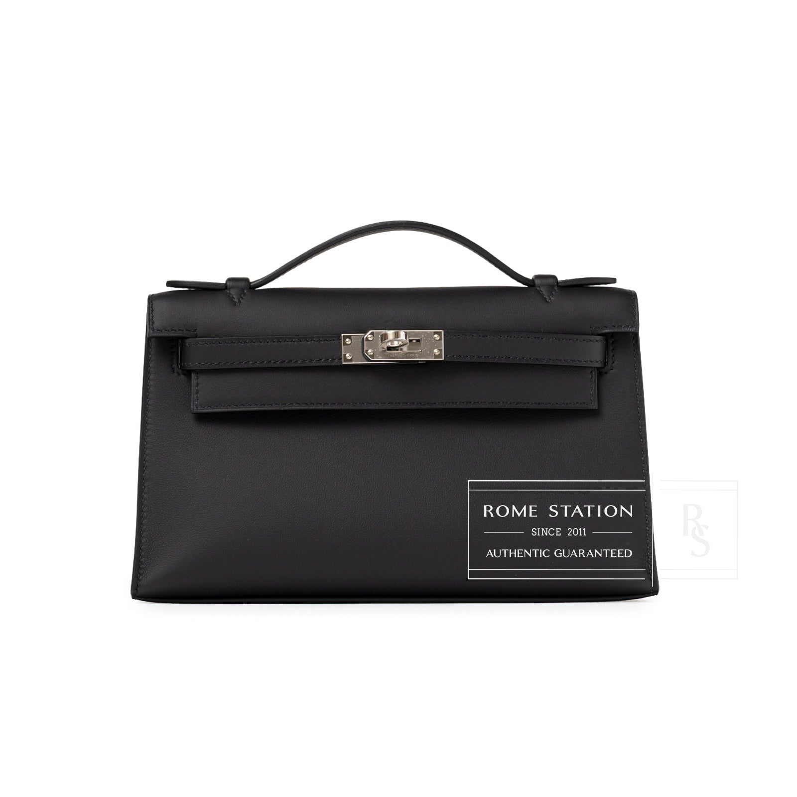 Front view of Hermès Kelly Pochette Black Swift Palladium Hardware with smooth leather and top handle