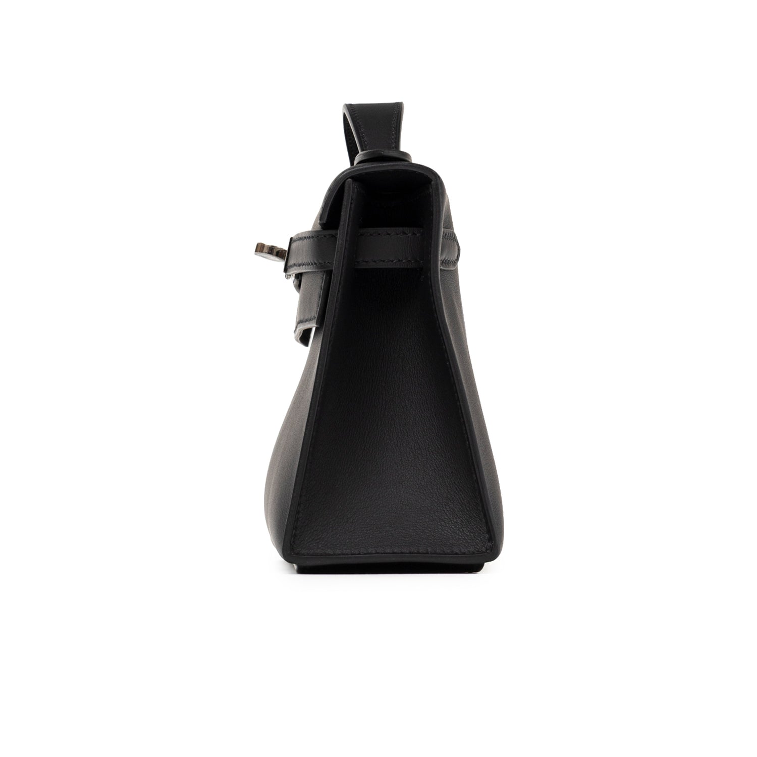 Side profile view of Hermès Kelly Pochette Black Swift Palladium Hardware showing smooth leather finish