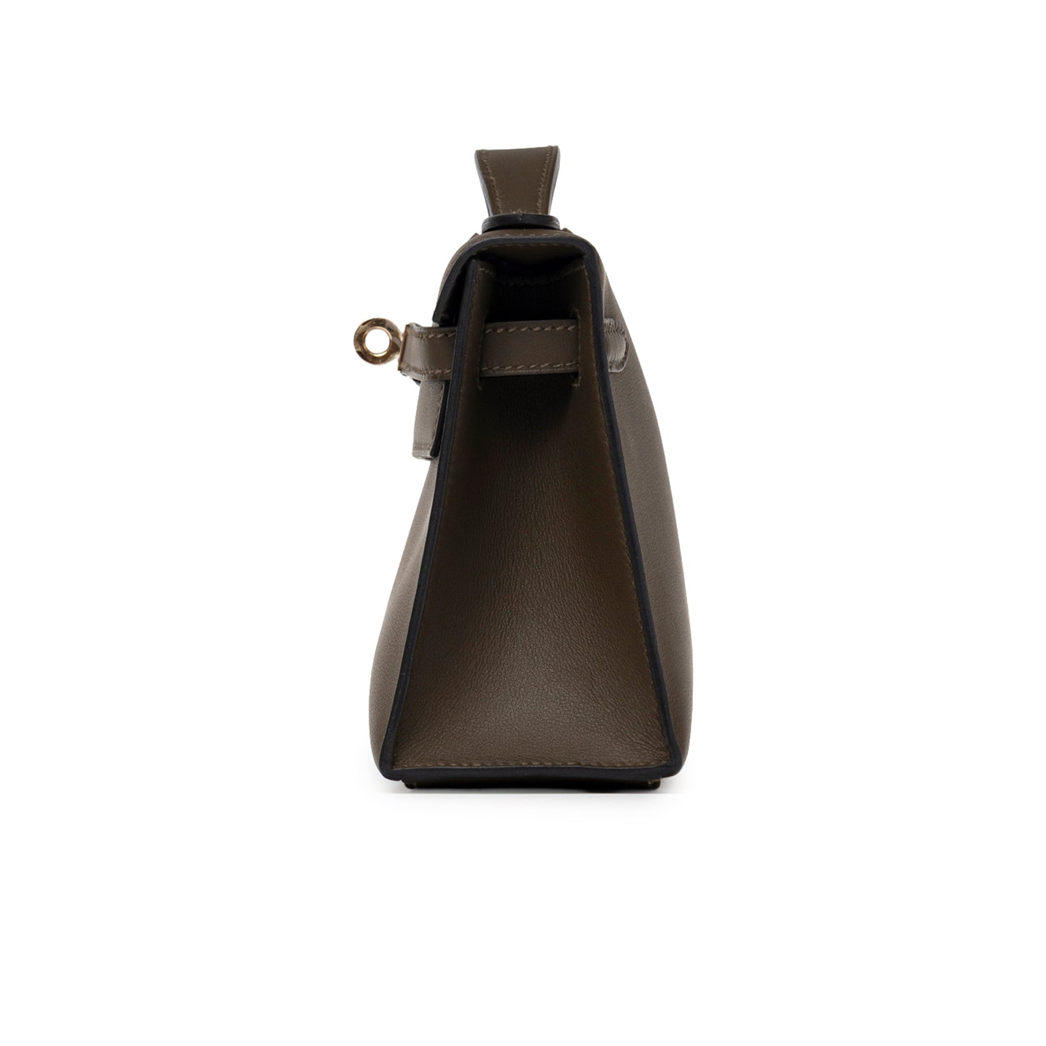 Side profile of Hermès Kelly Pochette Vert Loden Swift Permabrass Hardware showing slim leather structure