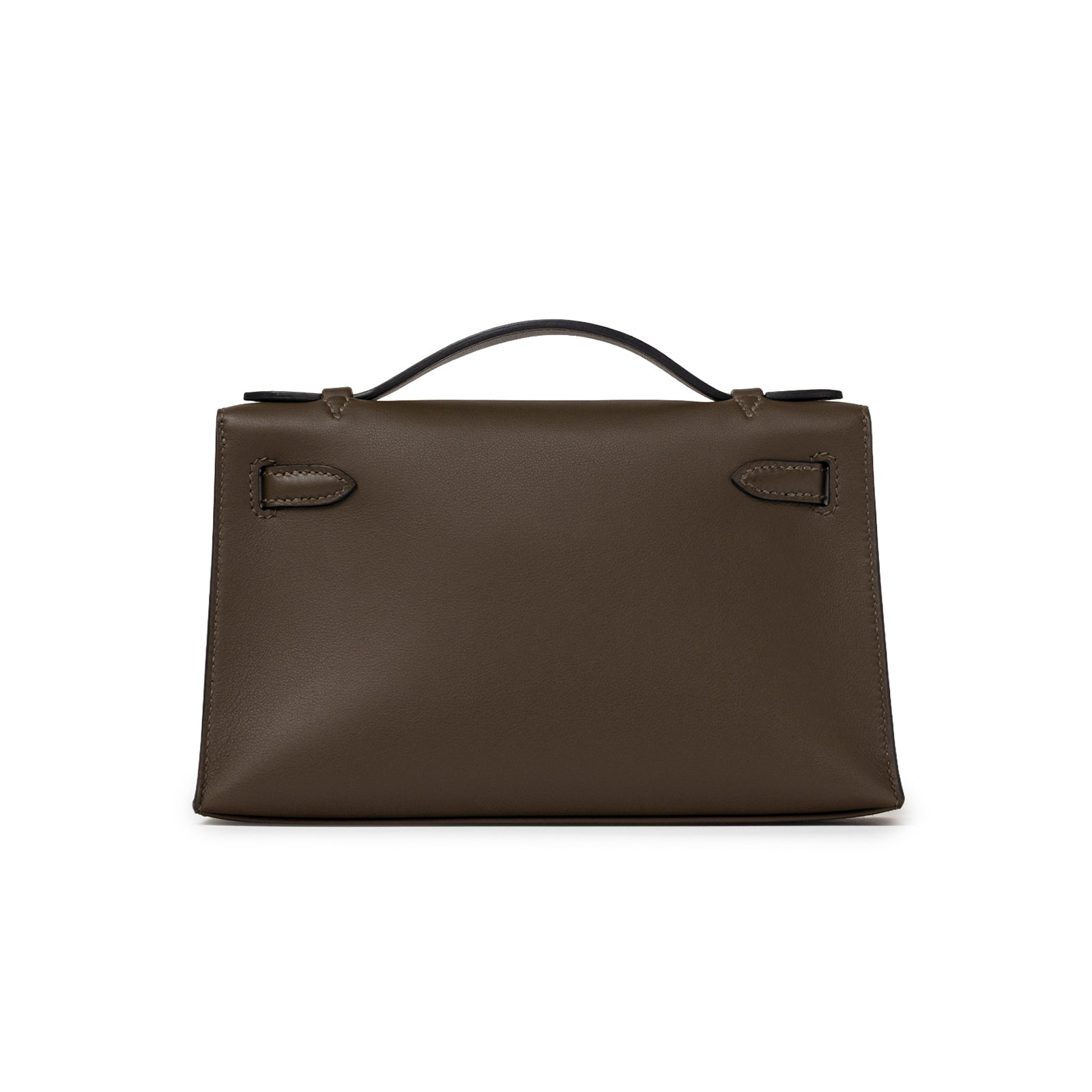Back view of Hermès Kelly Pochette Vert Loden Swift Permabrass Hardware showing smooth leather and top handle