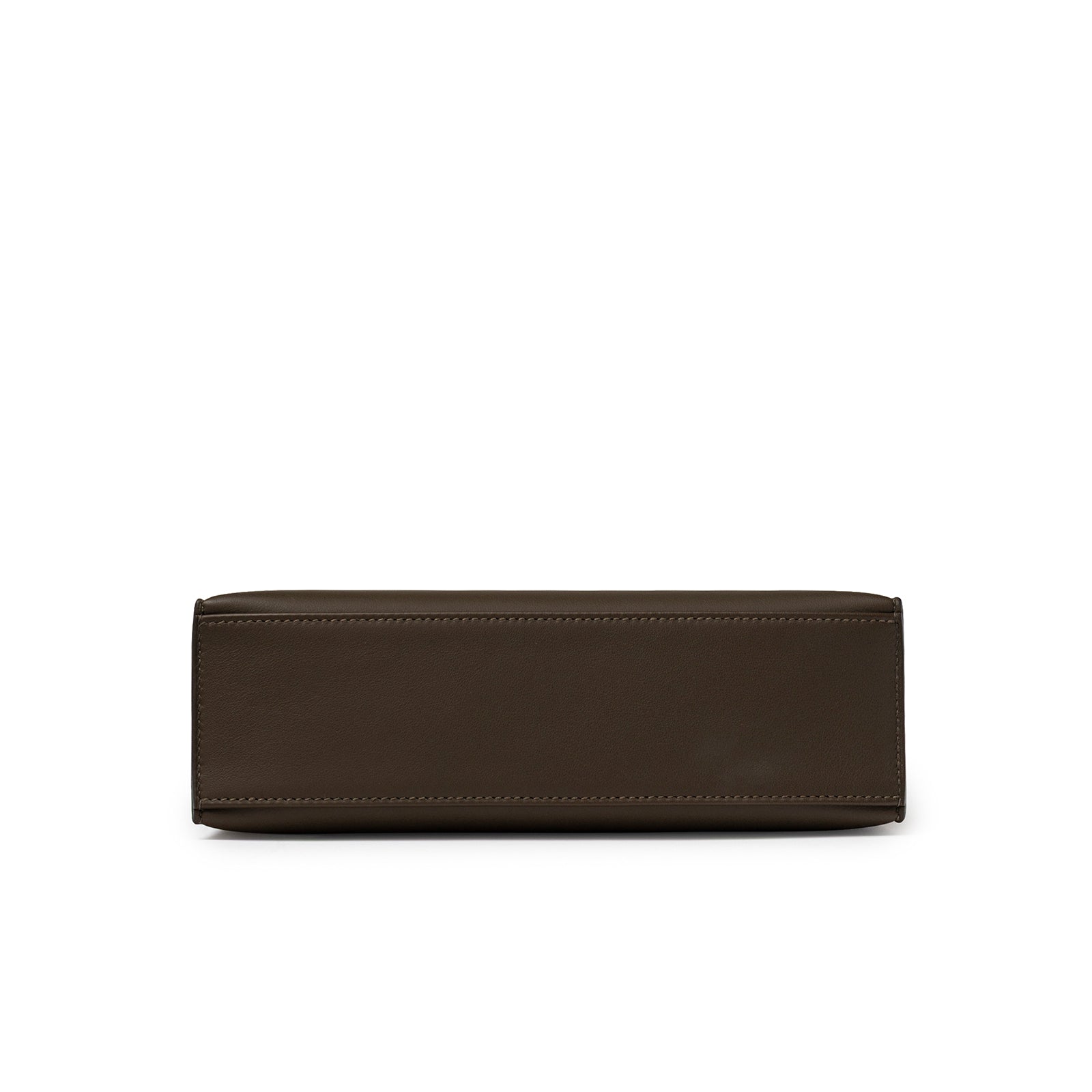 Bottom view of Hermès Kelly Pochette Vert Loden Swift Permabrass Hardware in dark brown smooth leather
