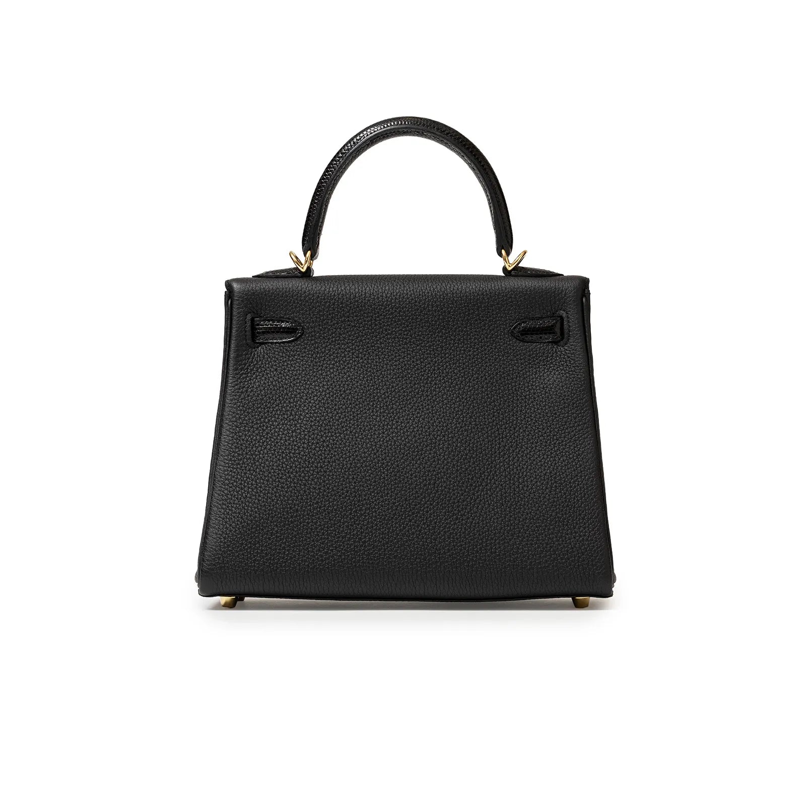 Back view of Hermès Kelly 25 Retourne Black Touch Togo/Lizard Permabrass Hardware handbag with gold hardware and top handle.
