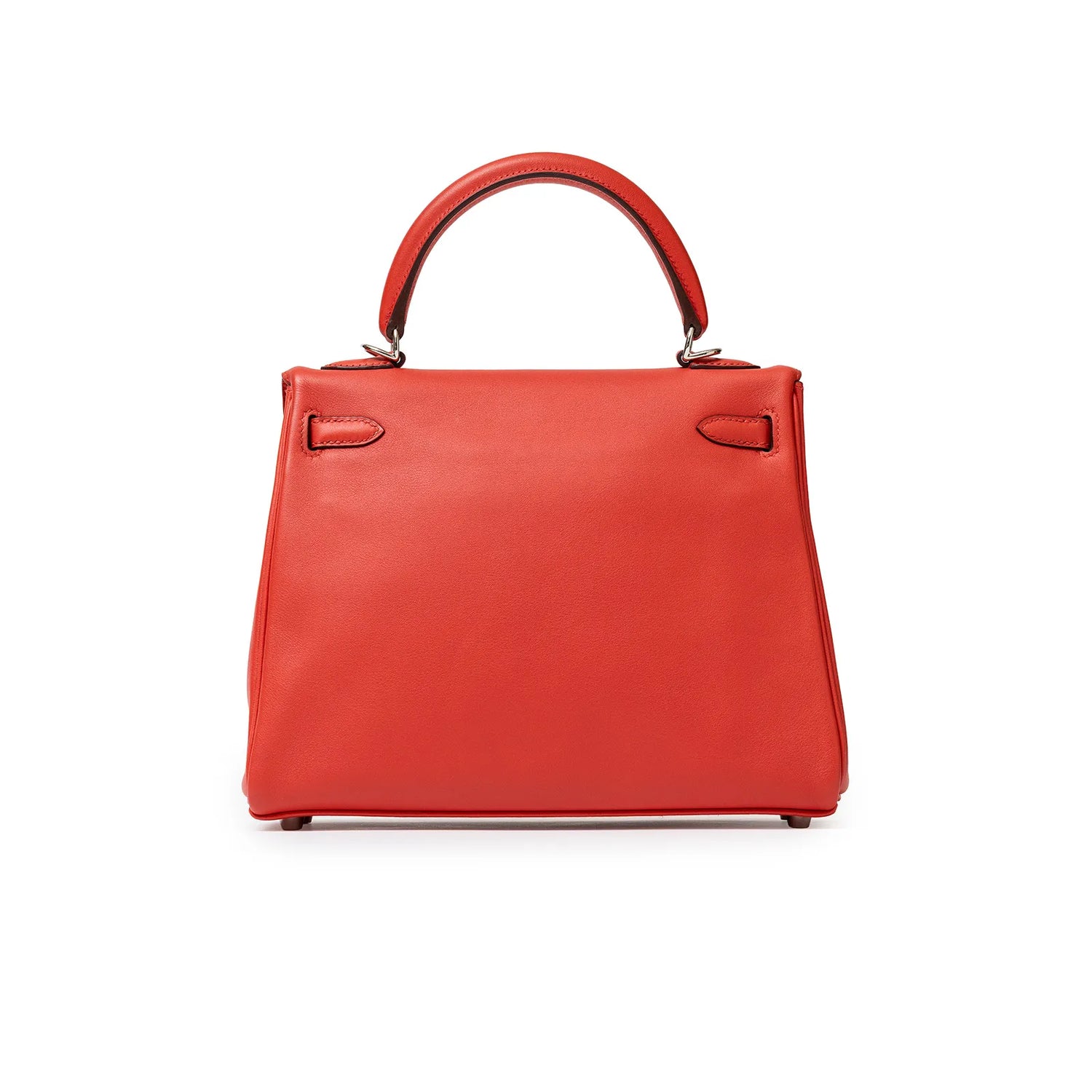 Back view of Hermès Kelly 25 Retourne Rouge Swift Palladium Hardware handbag with smooth leather finish