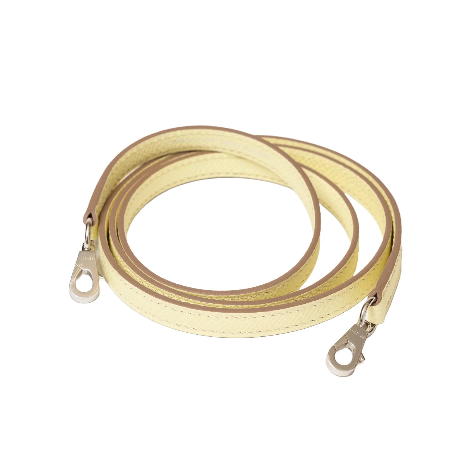 Coiled leather strap in pale yellow with palladium hardware for Hermès Mini Kelly II Sellier 20 Jaune Milton Epsom Palladium Hardware