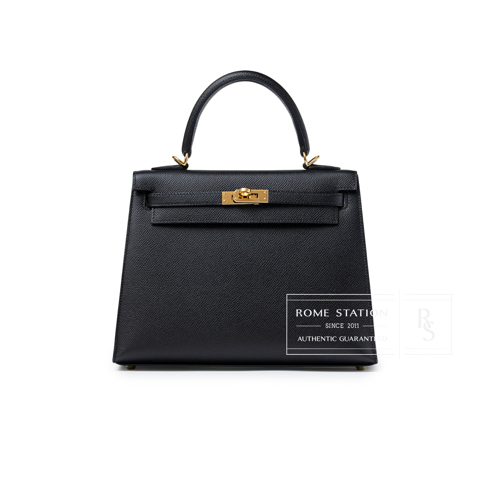 Front view of Hermès Kelly Sellier 25 Black Epsom Gold Hardware handbag with structured silhouette and top handle