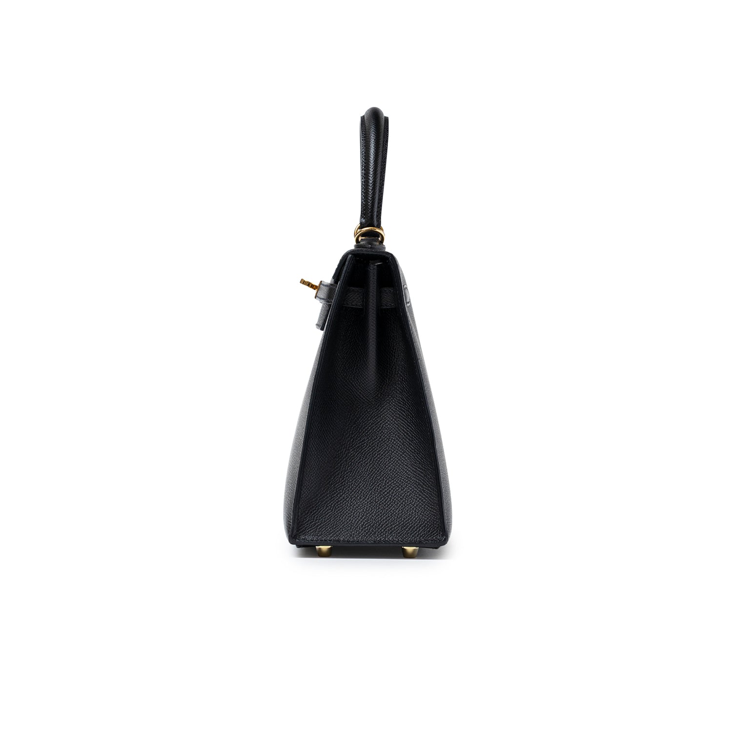 Side view of Hermès Kelly Sellier 25 Black Epsom Gold Hardware showing structured silhouette and textured leather