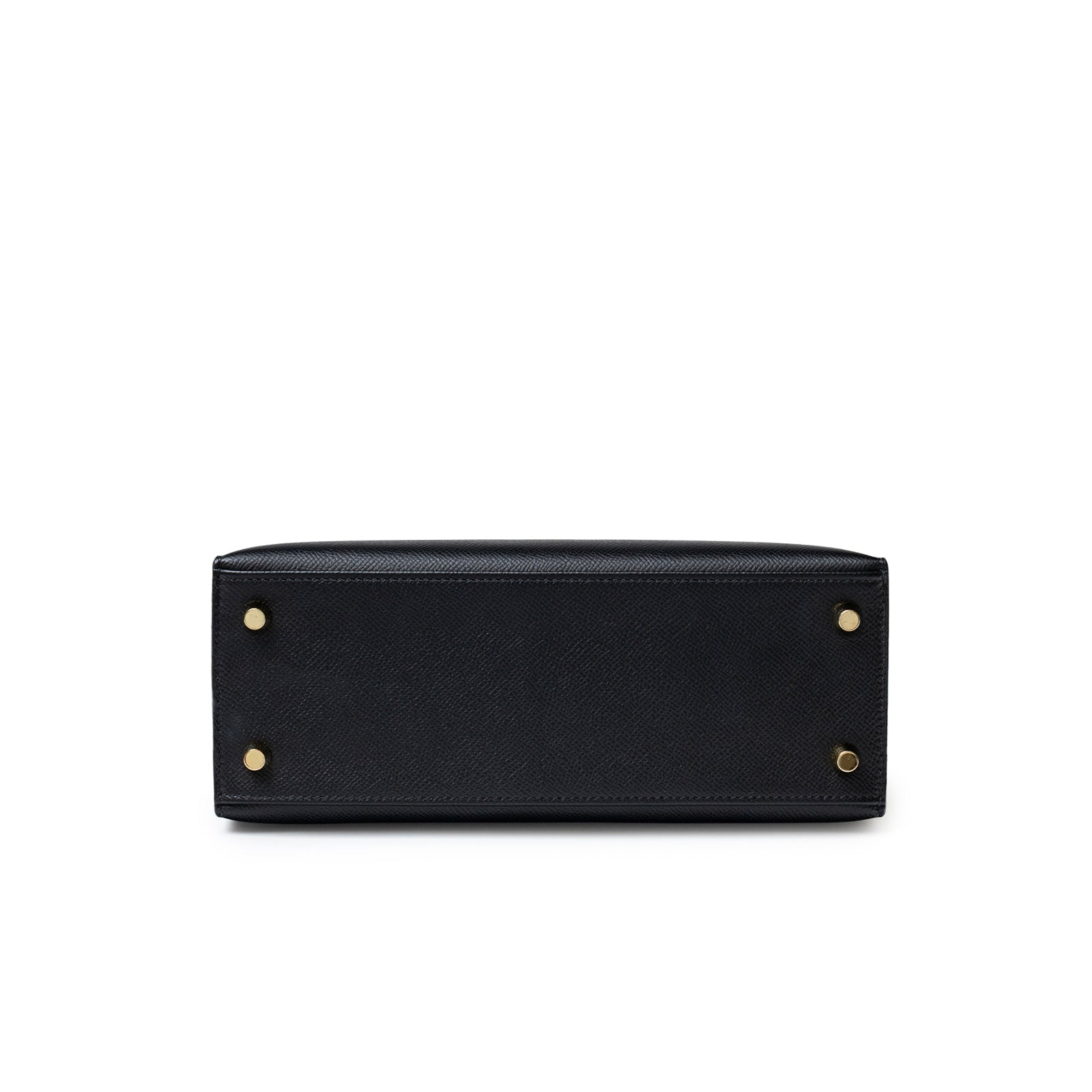 Bottom view of Hermès Kelly Sellier 25 Black Epsom Gold Hardware showing stitching and metal feet details