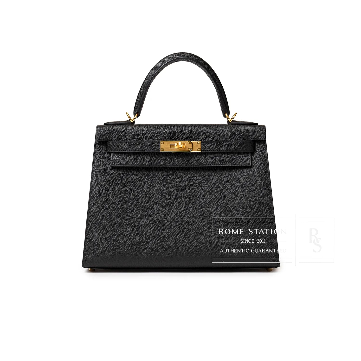 Front view of Hermès Kelly 28 Sellier Black Epsom Gold Hardware handbag with top handle and clasp detail