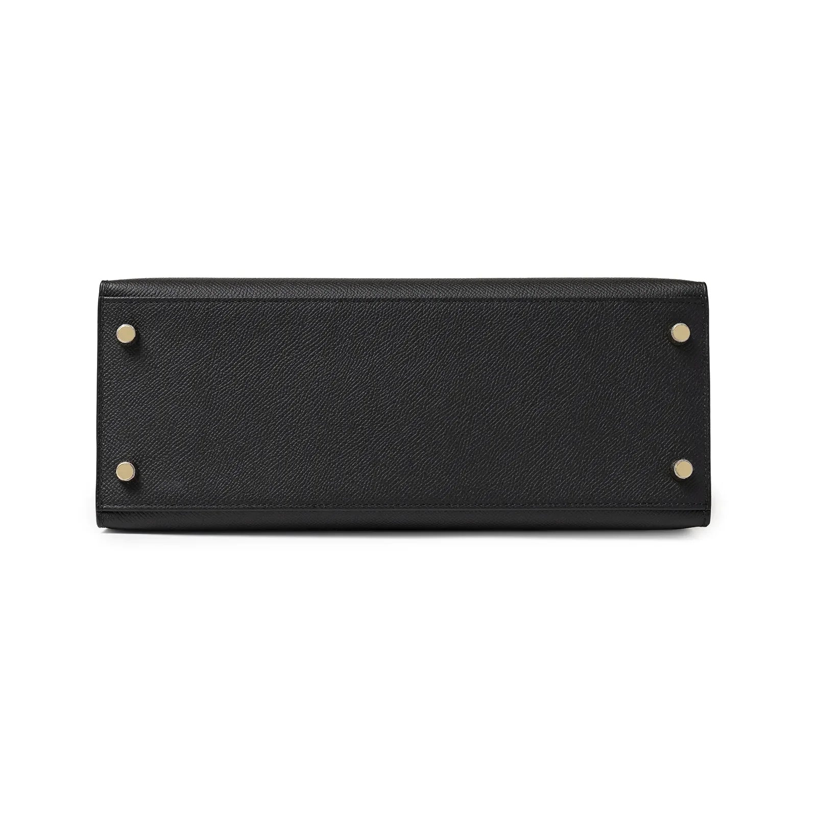 Bottom view of Hermès Kelly 28 Sellier Black Epsom Gold Hardware showing textured leather and hardware feet details