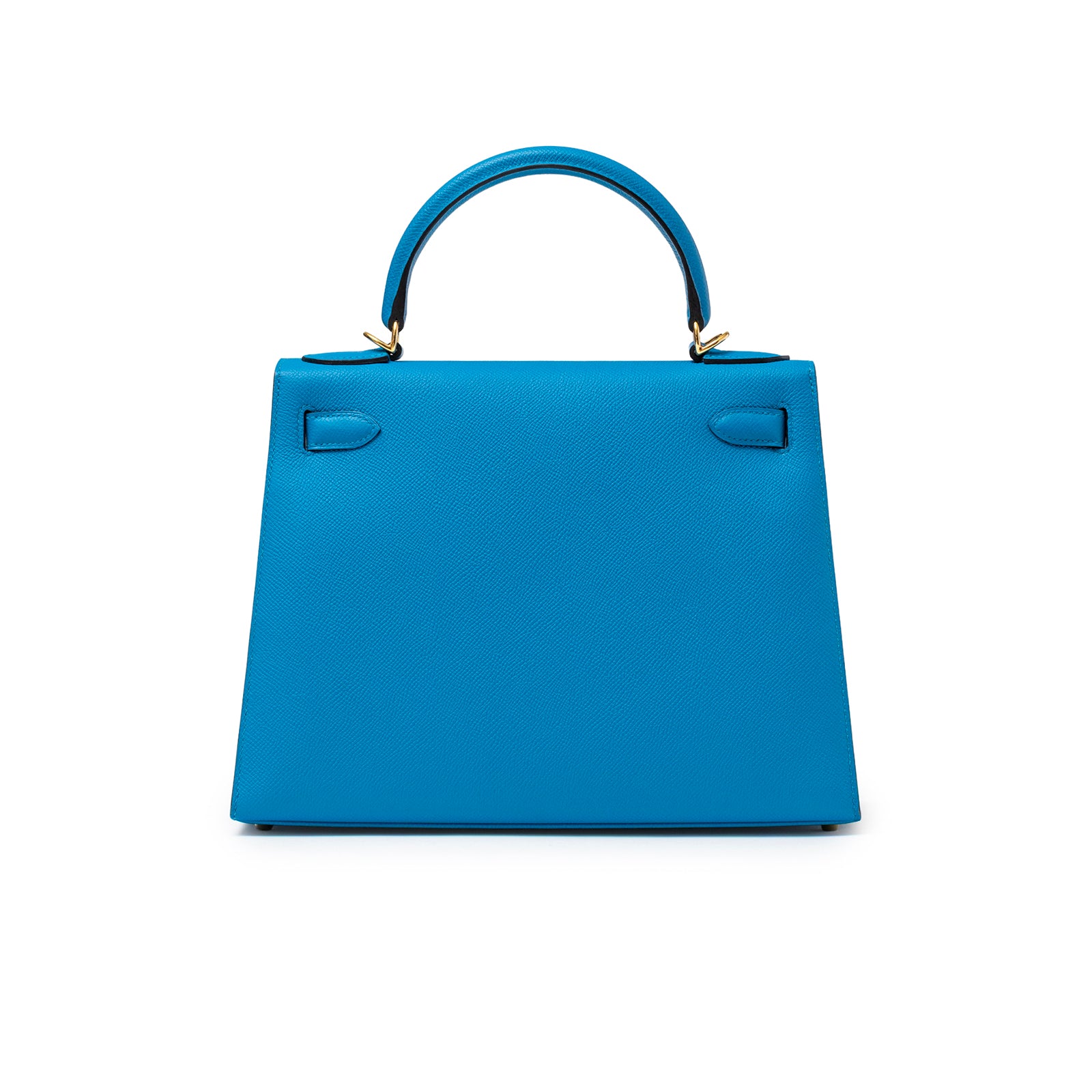 Front view of Hermès Kelly Sellier 28 Blue Zanzibar Epsom Gold Hardware handbag with single top handle