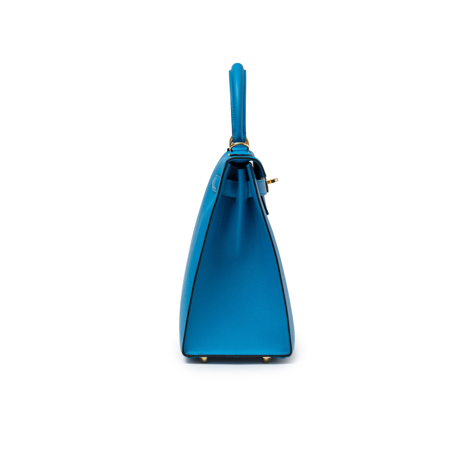Side view of Hermès Kelly Sellier 28 Blue Zanzibar Epsom Gold Hardware showing structured silhouette and handle design.