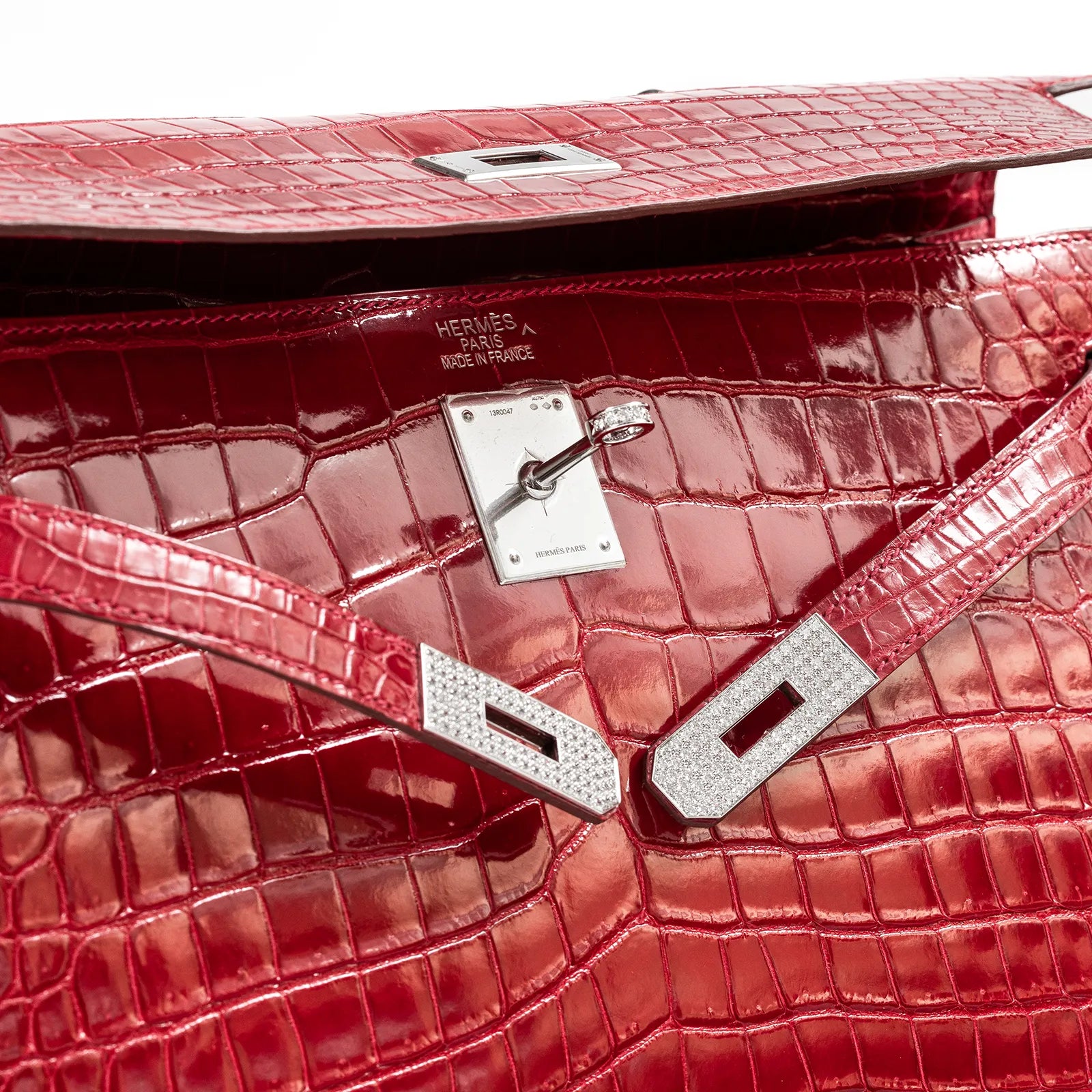 Hermès Kelly 35 Sellier Diamond Rouge Shiny Porosus Crocodile 18K White Gold