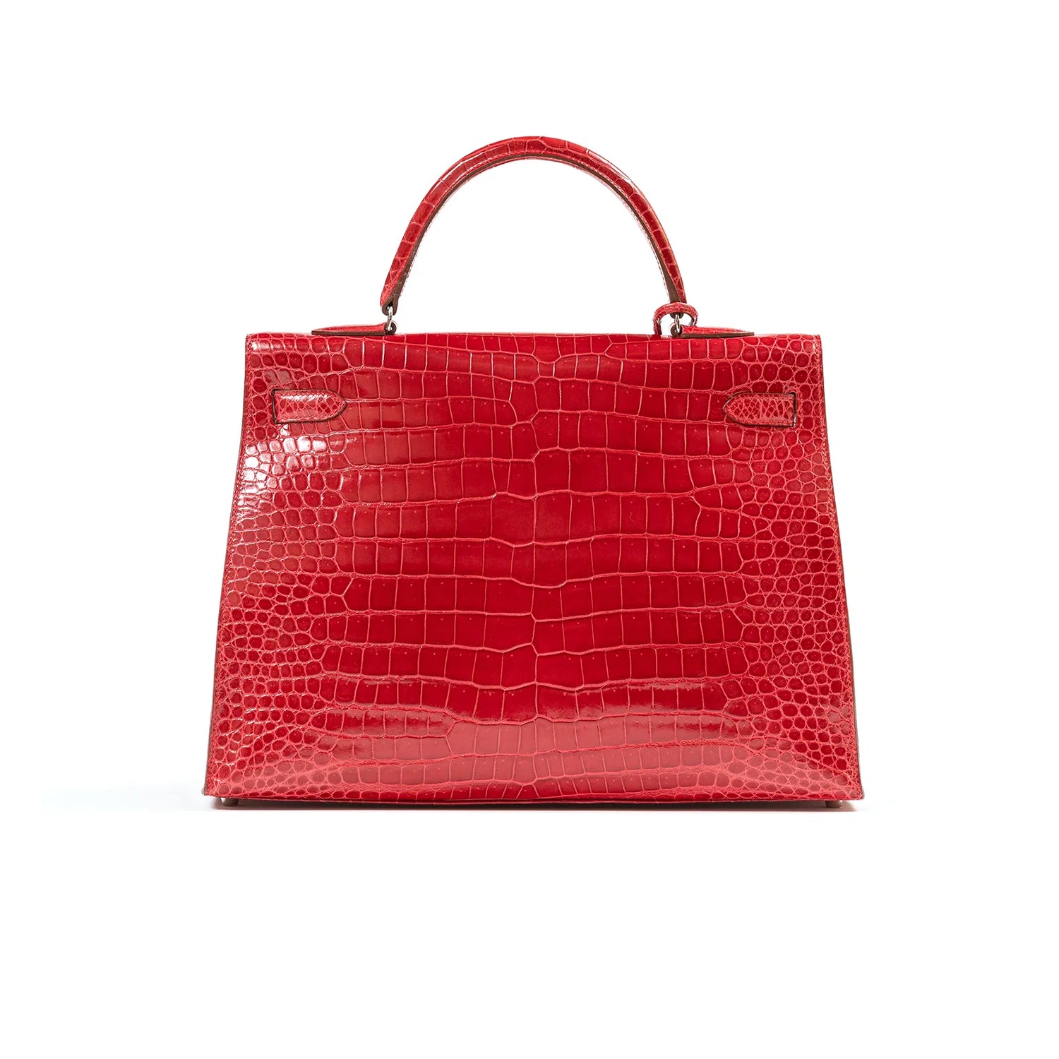 Hermès Kelly 35 Sellier Diamond Rouge Shiny Porosus Crocodile 18K White Gold