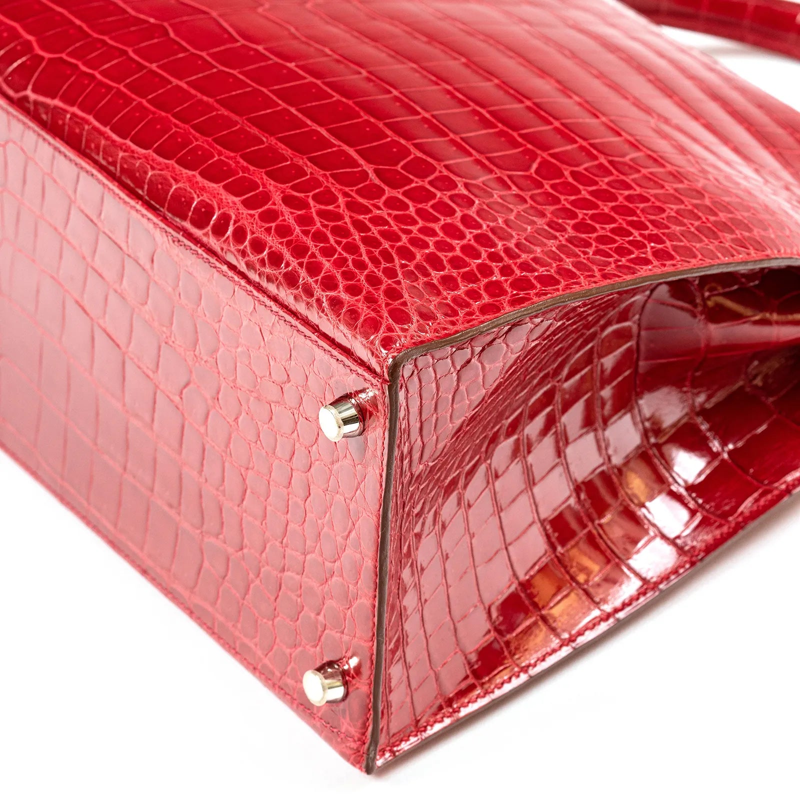 Hermès Kelly 35 Sellier Diamond Rouge Shiny Porosus Crocodile 18K White Gold
