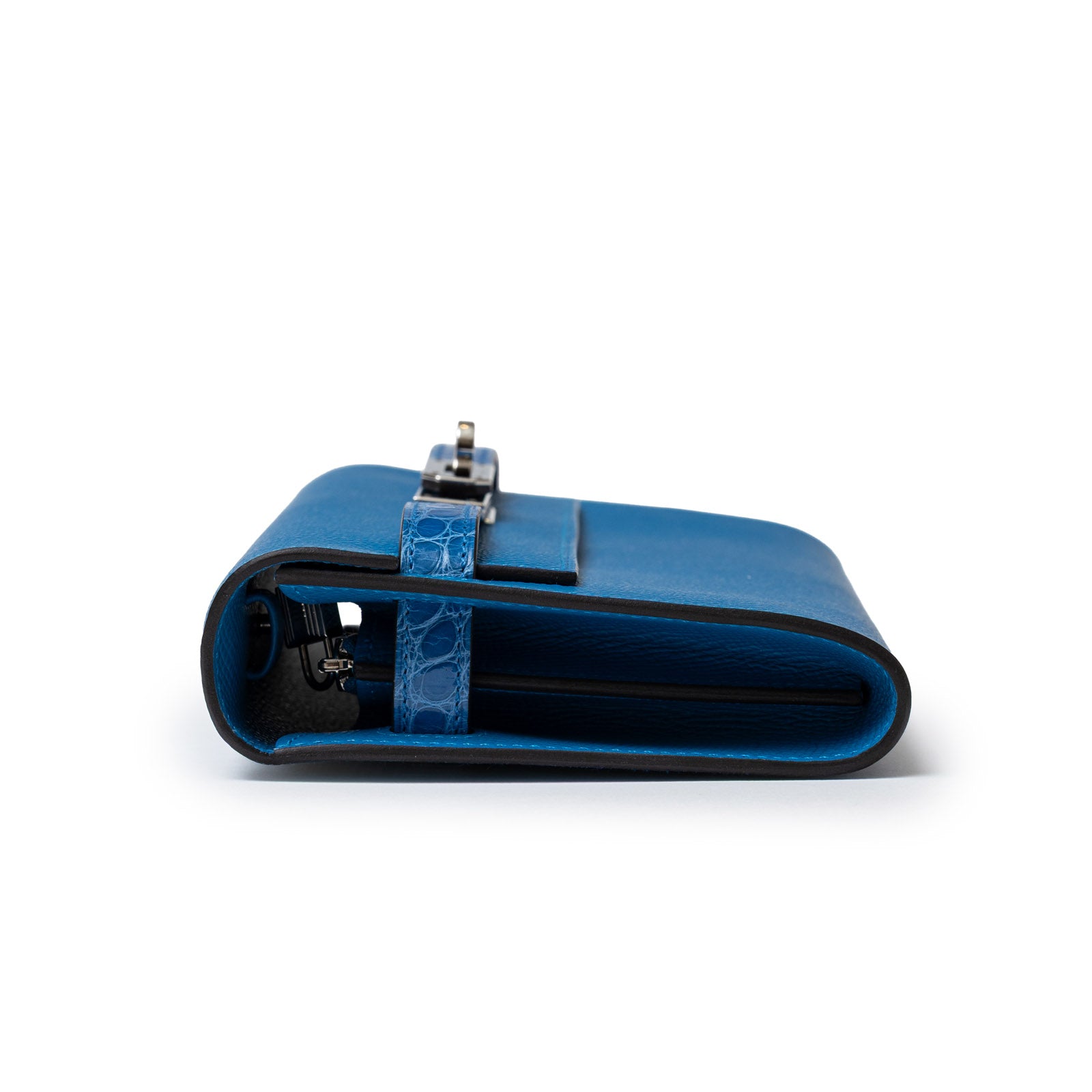 Hermès Kelly To Go Touch Blue Shiny Alligator/Epsom Palladium Hardware - Left