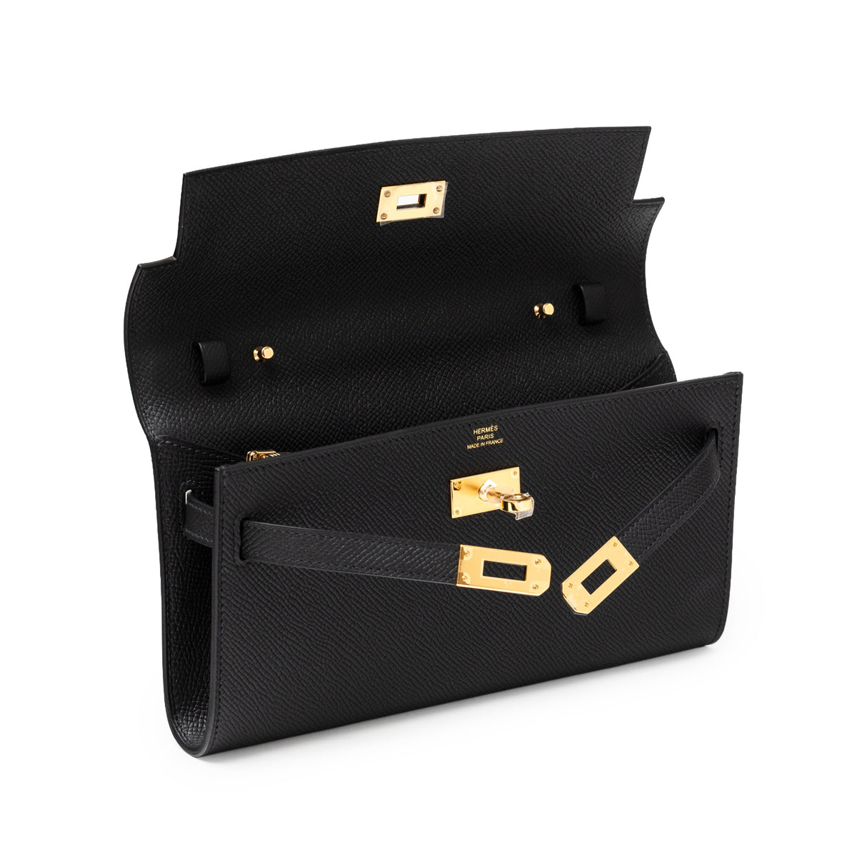 Hermès Kelly To Go Wallet Black Epsom Gold Hardware open interior view with open clasp details