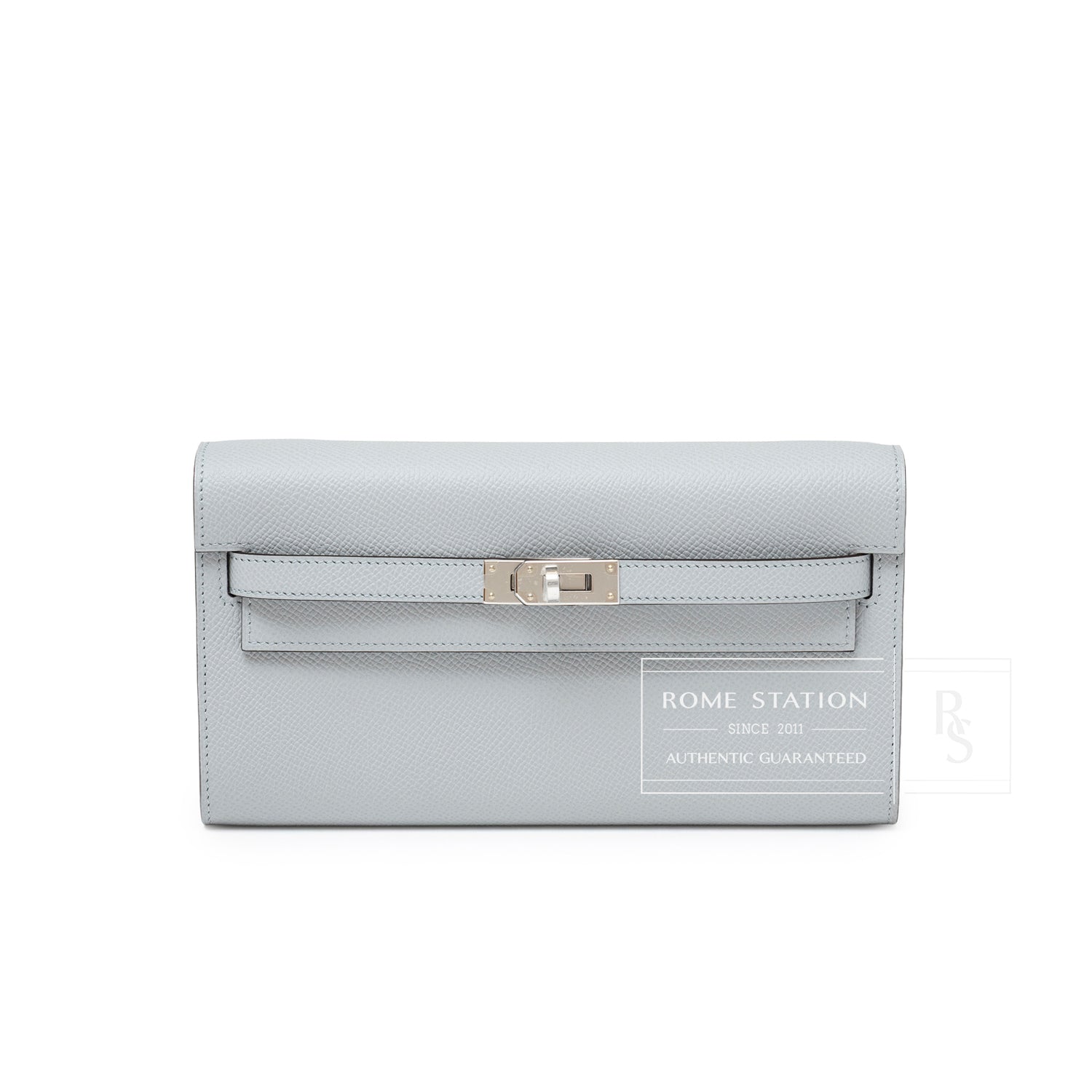 Front view of Hermès Kelly To Go Wallet Blue Glacier Epsom Palladium Hardware with signature clasp closure