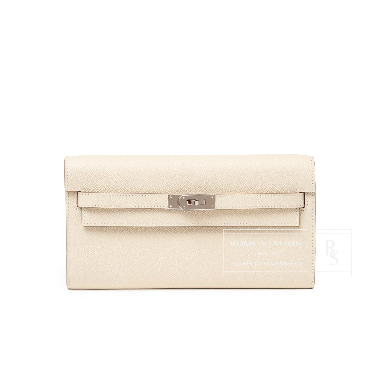 Front view of Hermès Kelly To Go Wallet Craie Epsom Palladium Hardware showing smooth textured leather and clasp detail