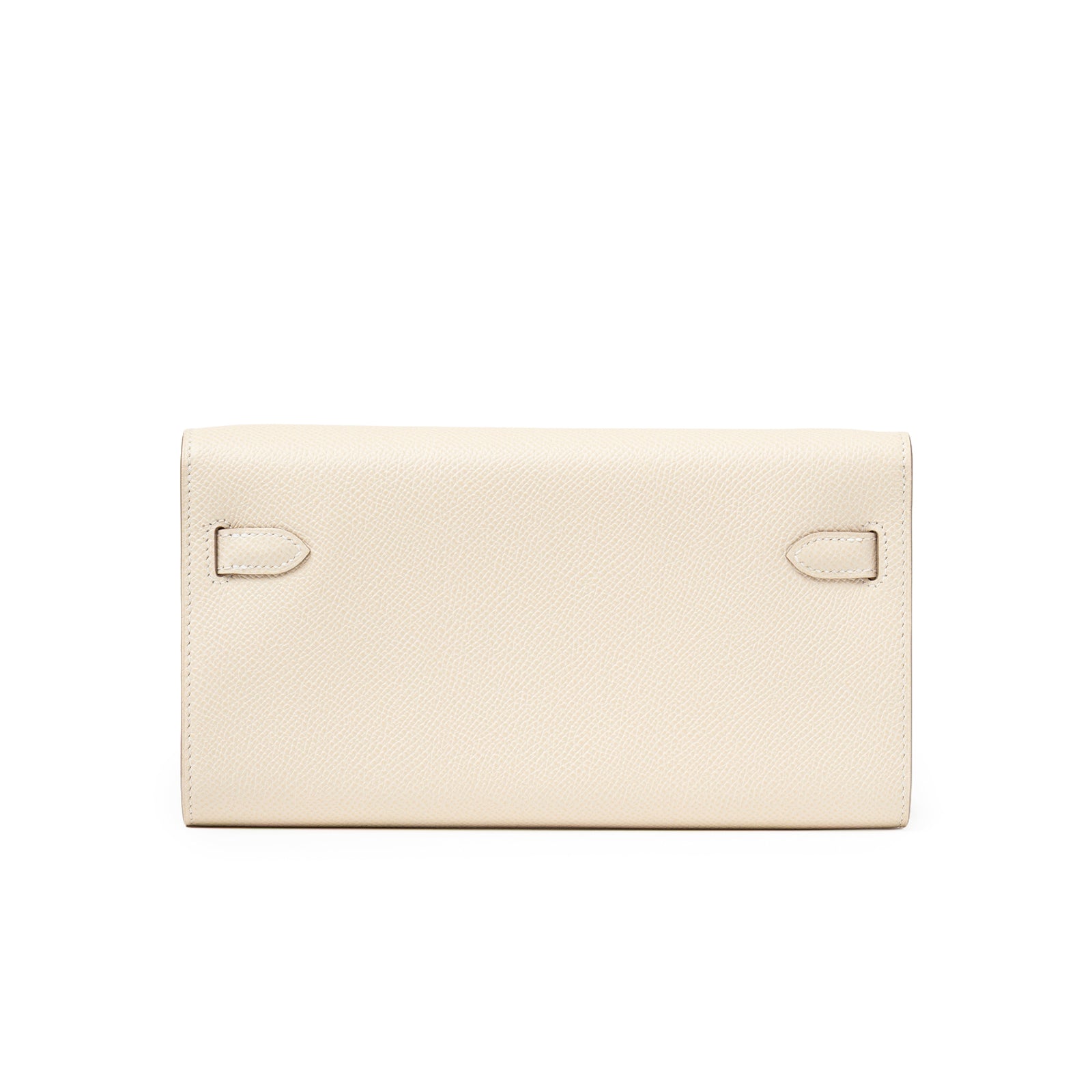 Back view of Hermès Kelly To Go Wallet Craie Epsom Palladium Hardware showing textured leather and strap ends detail