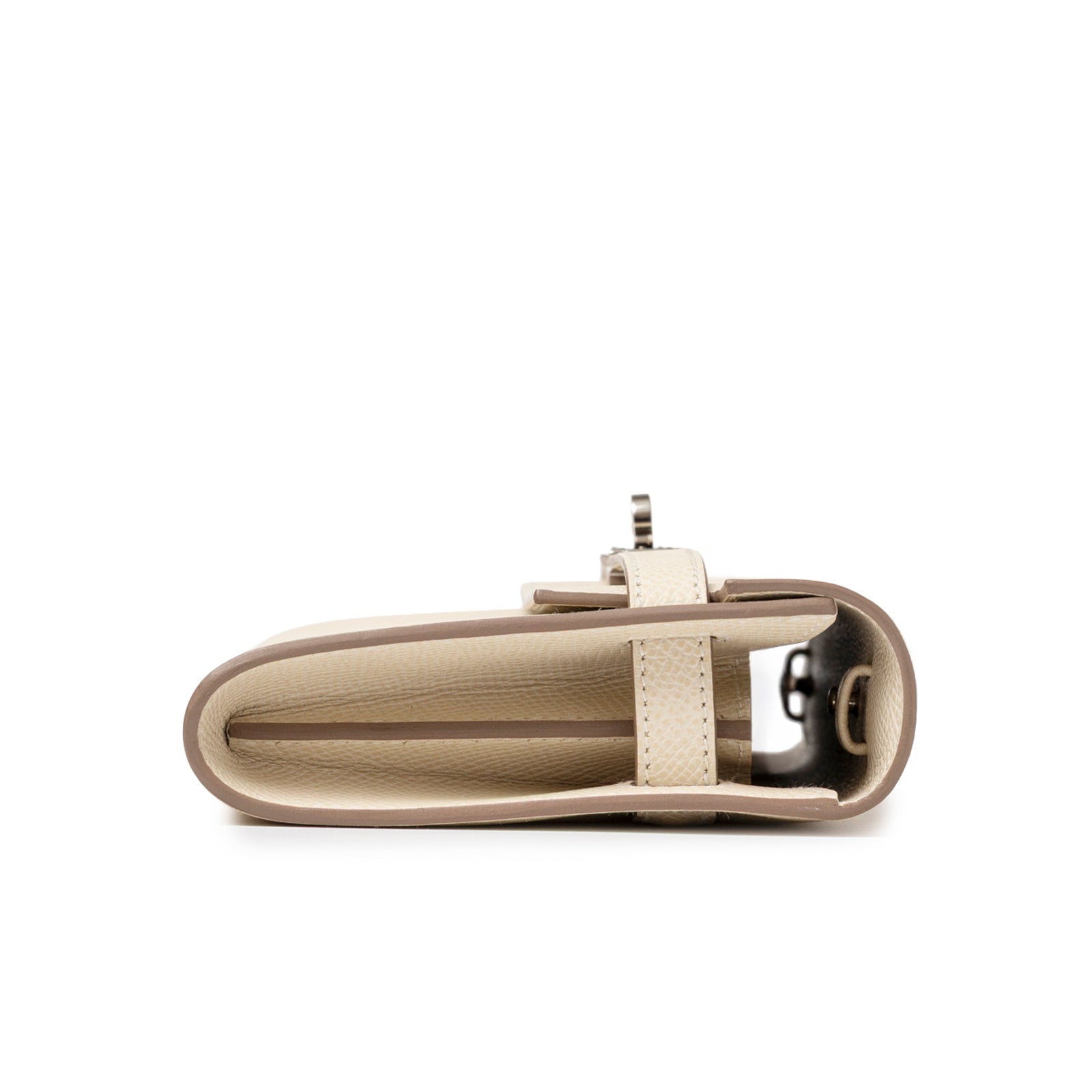 Top-down view of Hermès Kelly To Go Wallet Craie Epsom Palladium Hardware showing folded leather and strap edge details