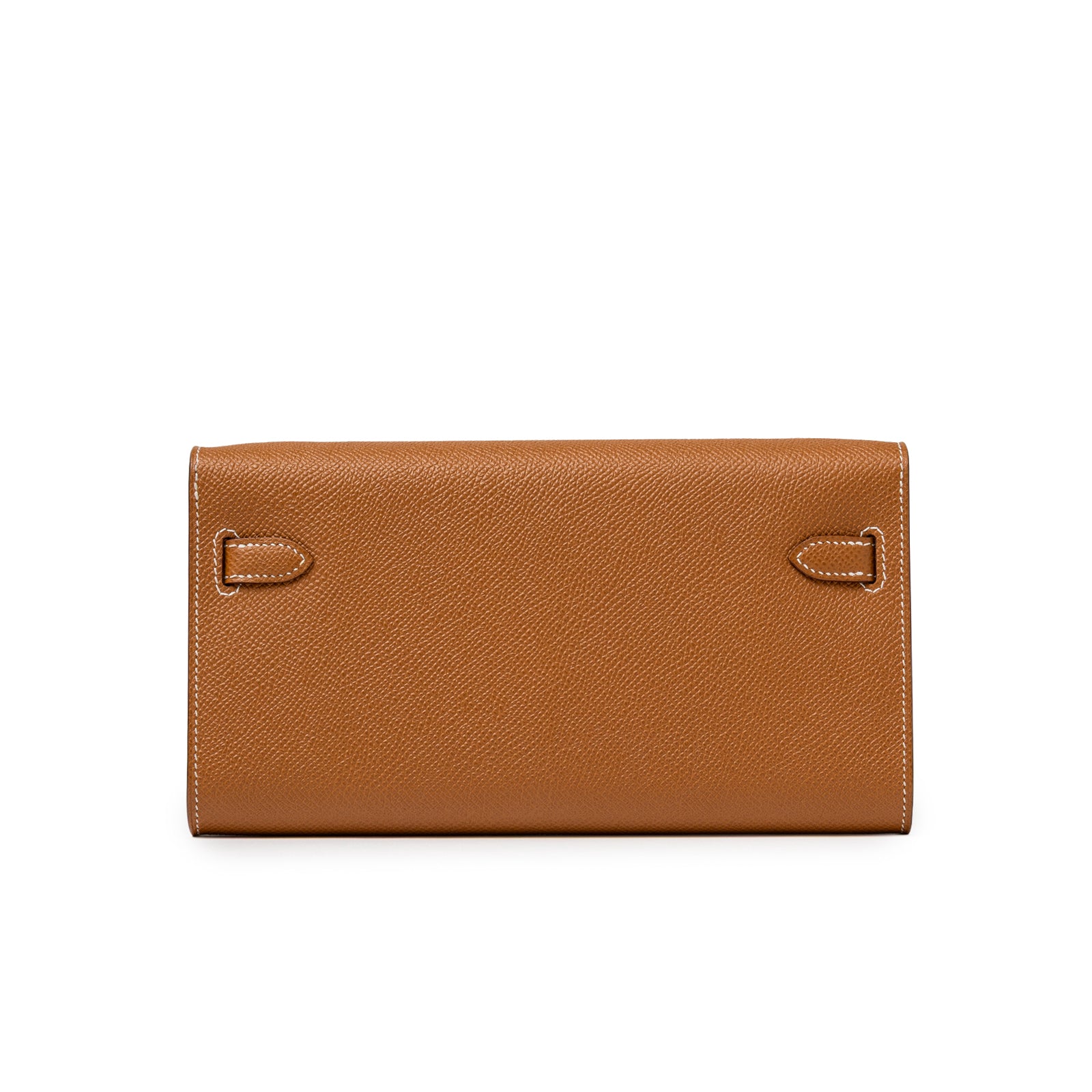 Back view of Hermès Kelly Wallet To Go Gold Epsom Gold Hardware showing textured leather and stitching detail