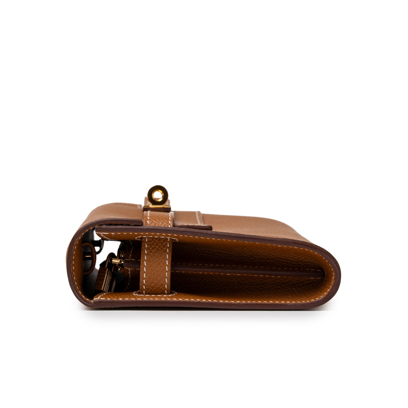 Side profile of Hermès Kelly Wallet To Go Gold Epsom Gold Hardware showing smooth leather and stitching details