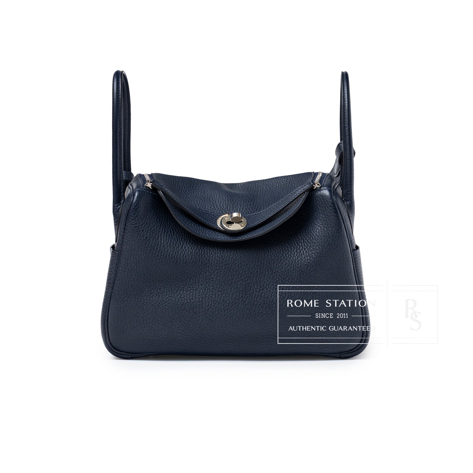 Front view of Hermès Lindy 26 Blue Nuit Clemence Palladium Hardware with top flap and turn-lock closure visible