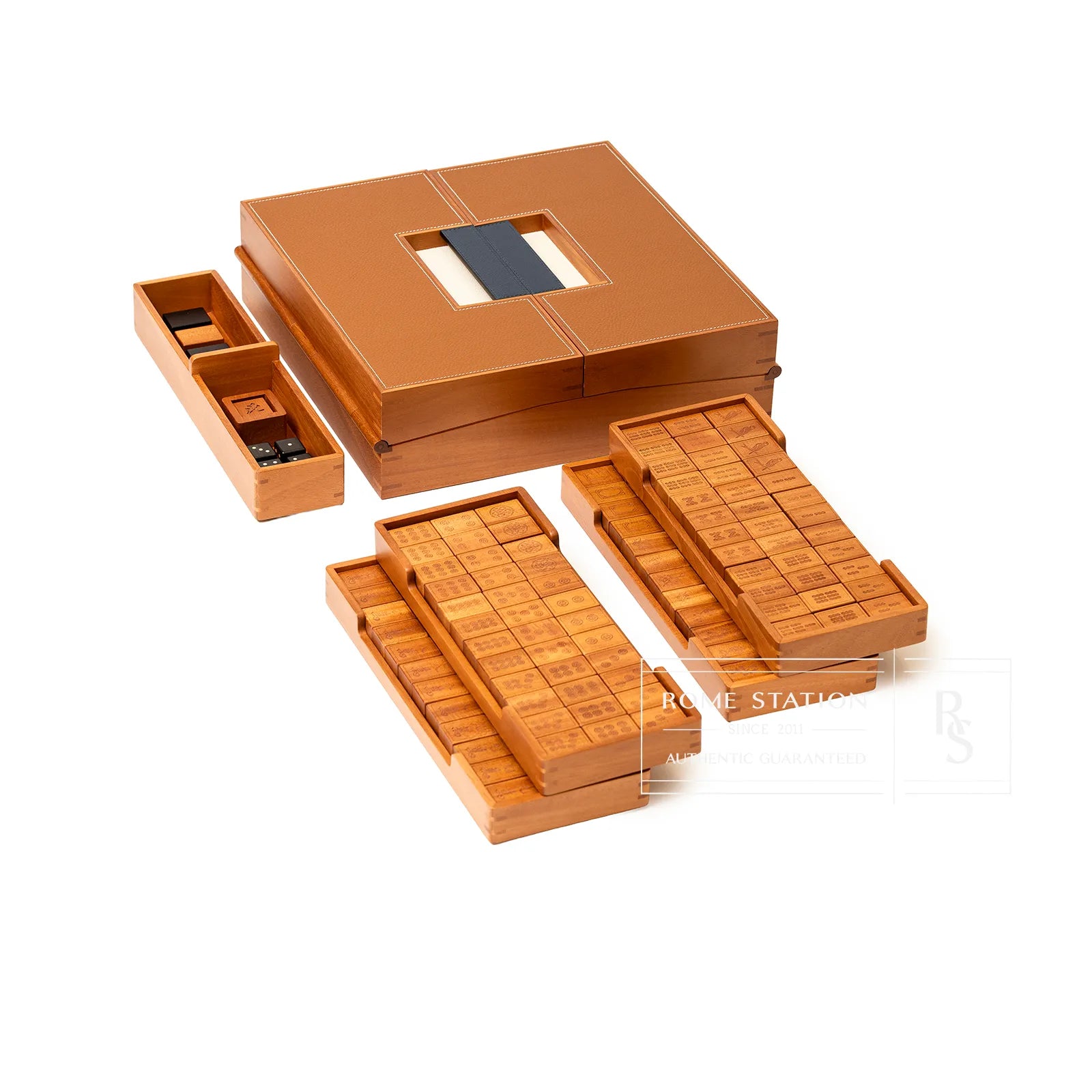 Hermès Macao Mah-Jong game Set Solid Natural Mahogany Fauve/Blue