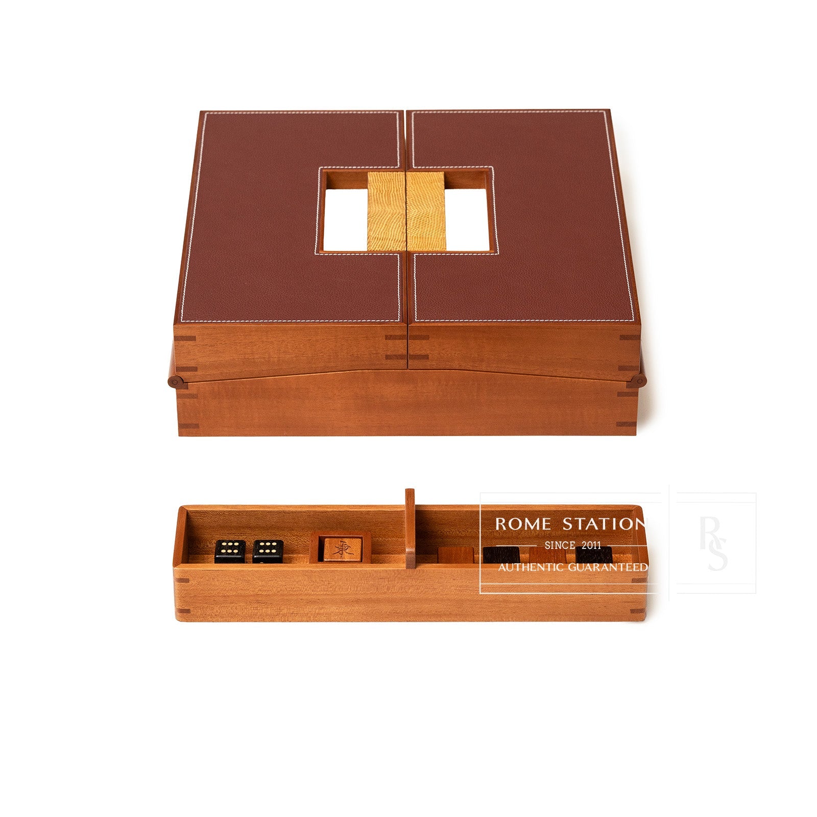 Hermès Macao Mah-Jong game Set Solid Natural Mahogany/Lizard Rouge H/Jaune Palladium Hardware