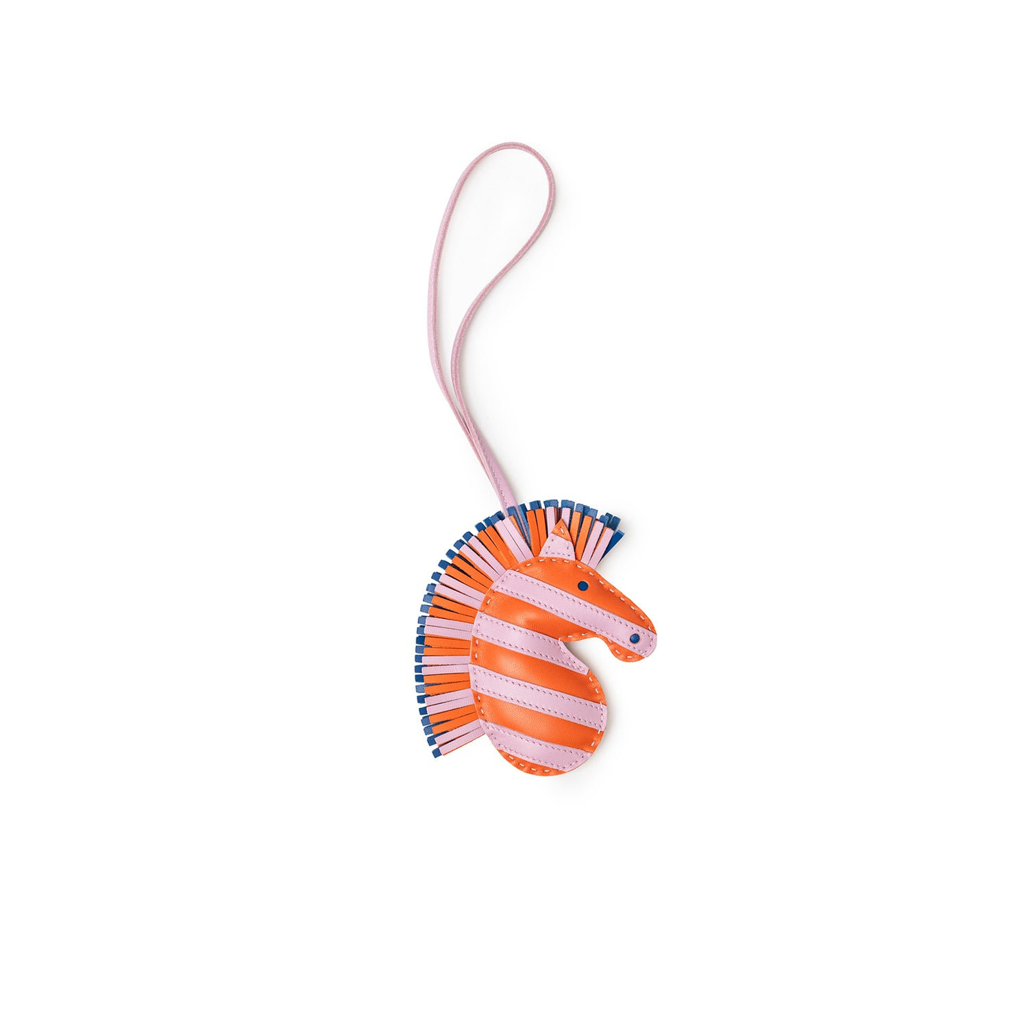 Front view of Hermès Milo Geegee Savannah Bag Charm PM Poppy Mauve Sylvestre Blue France showing striped horse head design