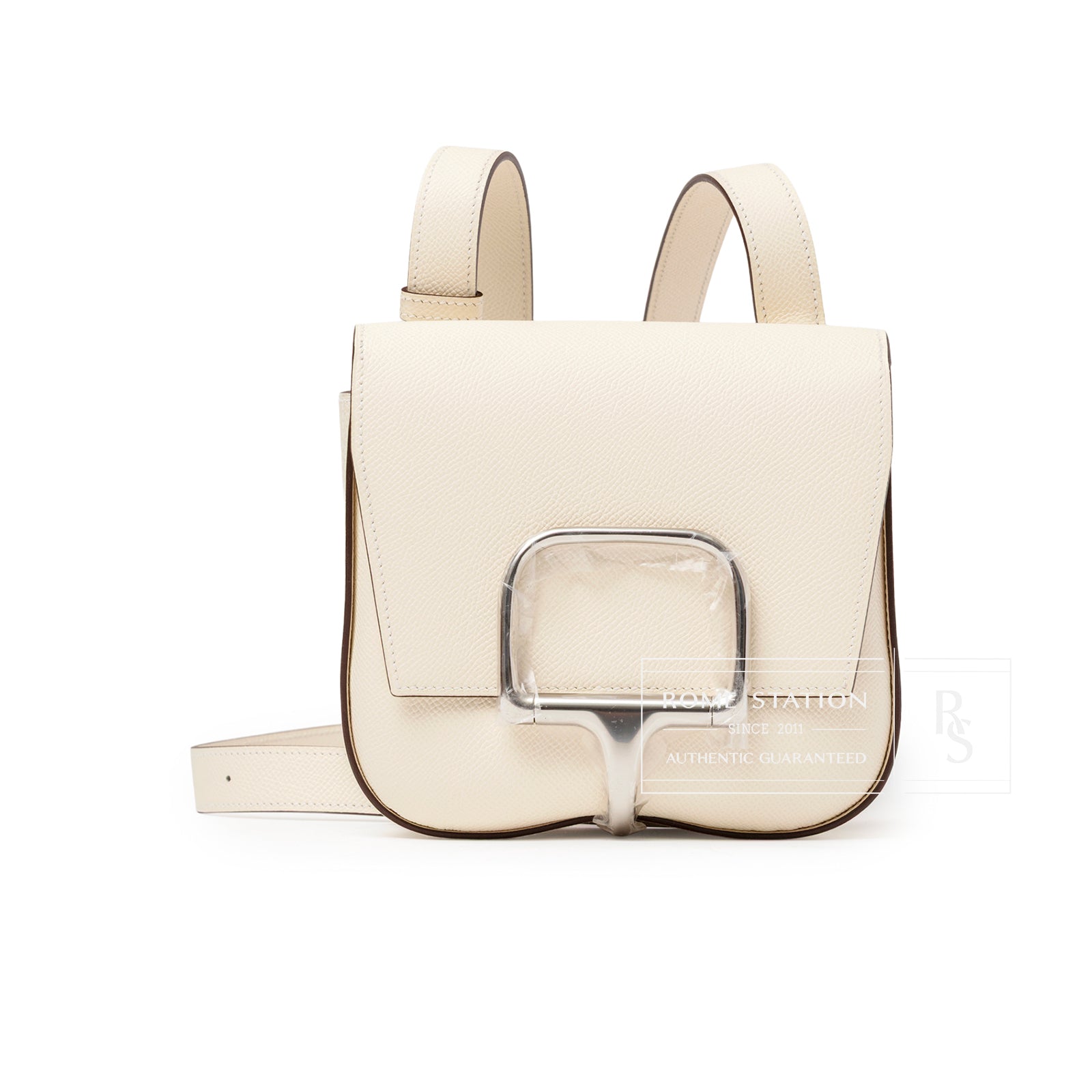 Front view of Hermès Mini Della Cavalleria Craie Epsom Palladium Hardware showing cream leather and silver clasp detail