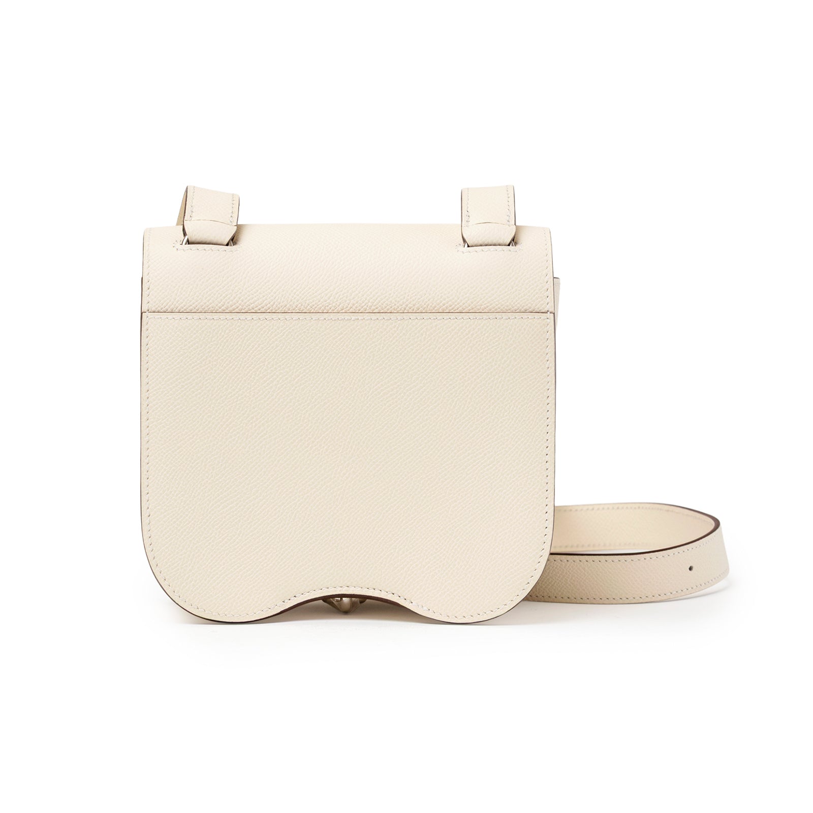 Back view of Hermès Mini Della Cavalleria Craie Epsom Palladium Hardware with cream textured leather and strap