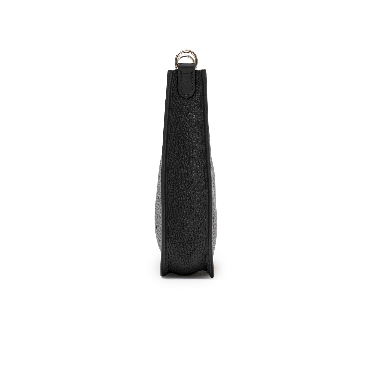 Side profile of Hermès Mini Evelyne Black Clemence Palladium Hardware showing textured leather edge and silver ring detail