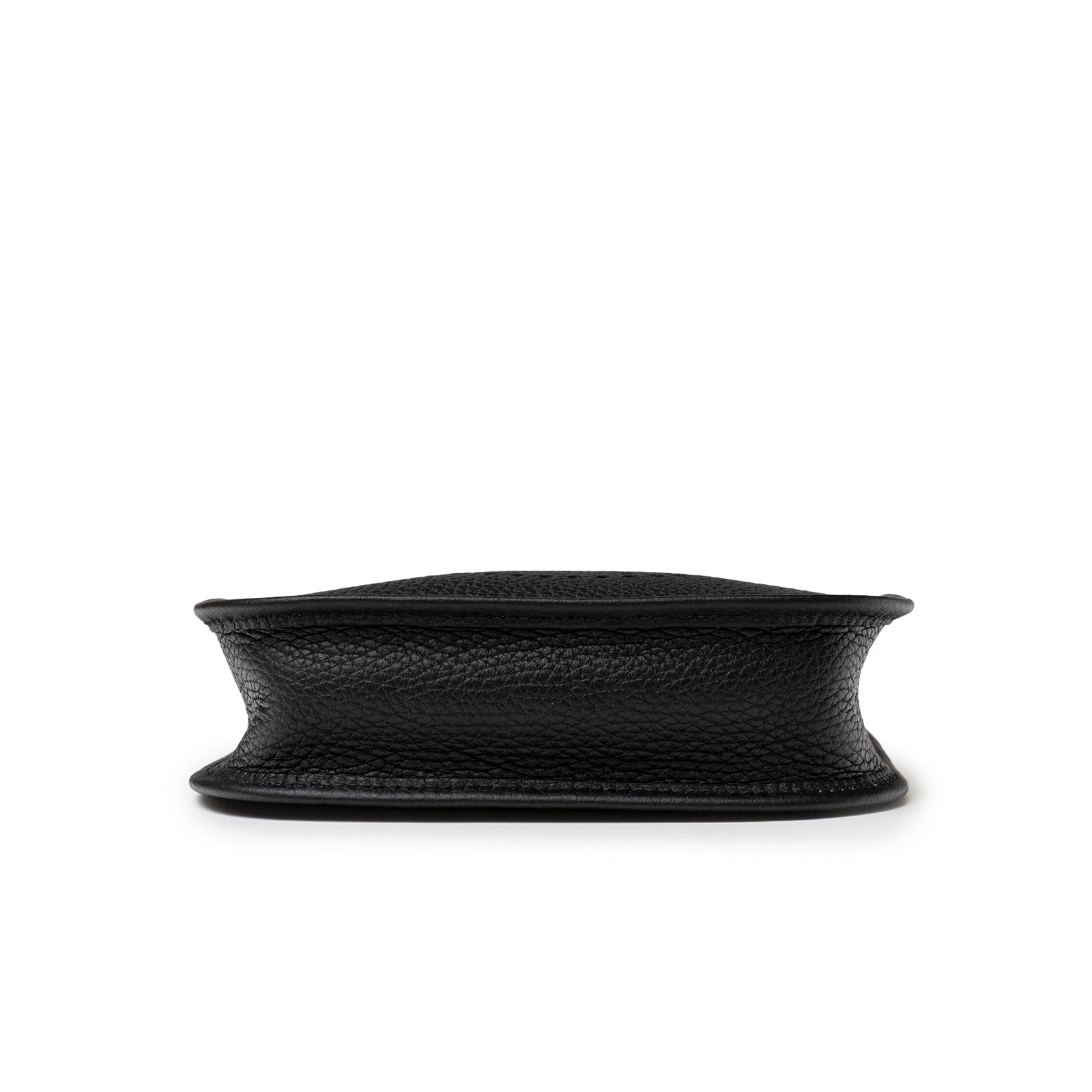 Bottom view of Hermès Mini Evelyne Black Clemence Palladium Hardware highlighting textured leather base