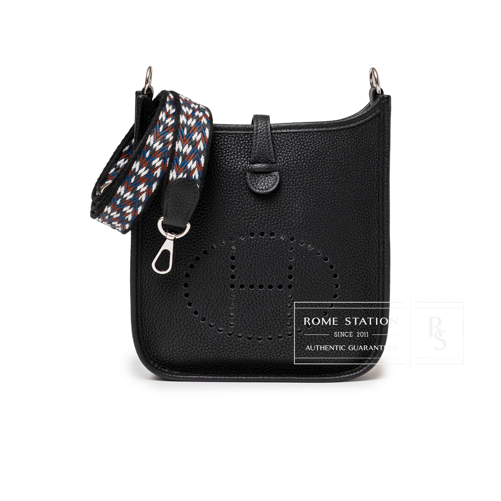 Front view of Hermès Mini Evelyne Caban Blue Zellige Indigo Clemence Palladium Hardware with patterned strap detail
