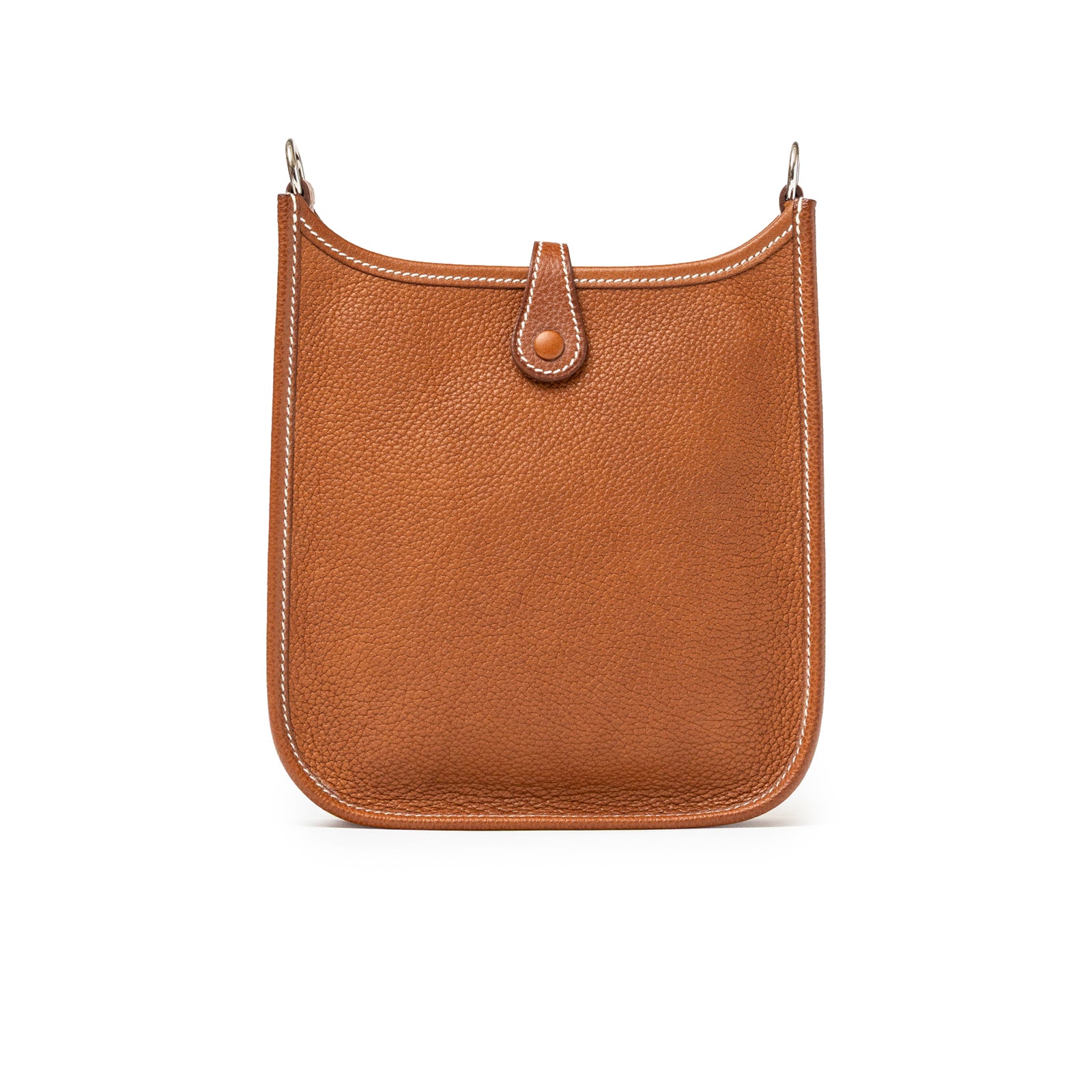 Back view of Hermès Mini Evelyne Fauve Barenia Palladium Hardware in textured brown leather with contrast stitching