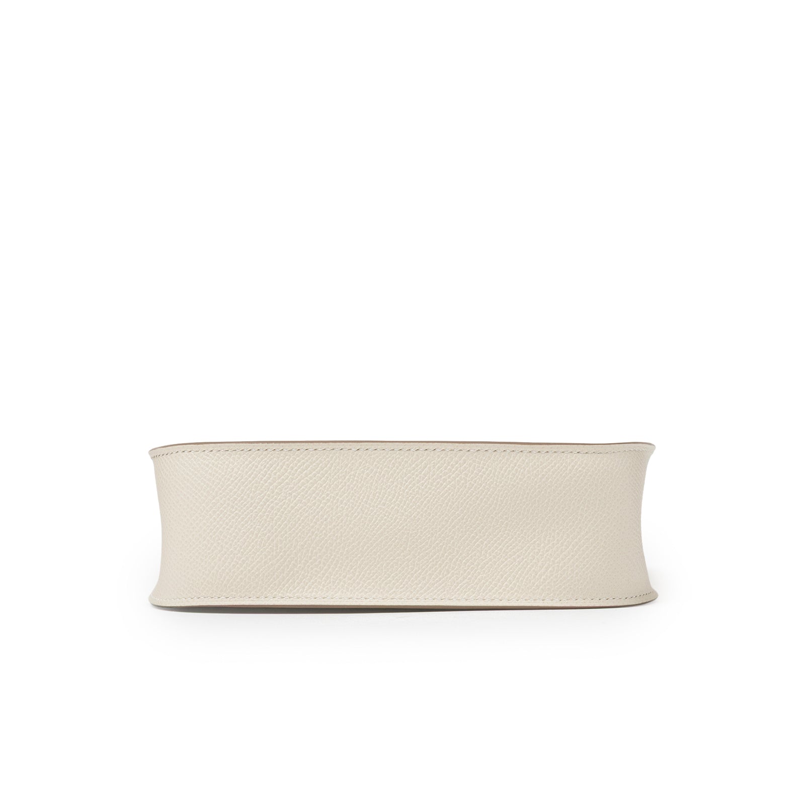 Bottom view of Hermès Mini Evelyne Sellier Craie Epsom Gold Hardware showing leather texture and stitching detail