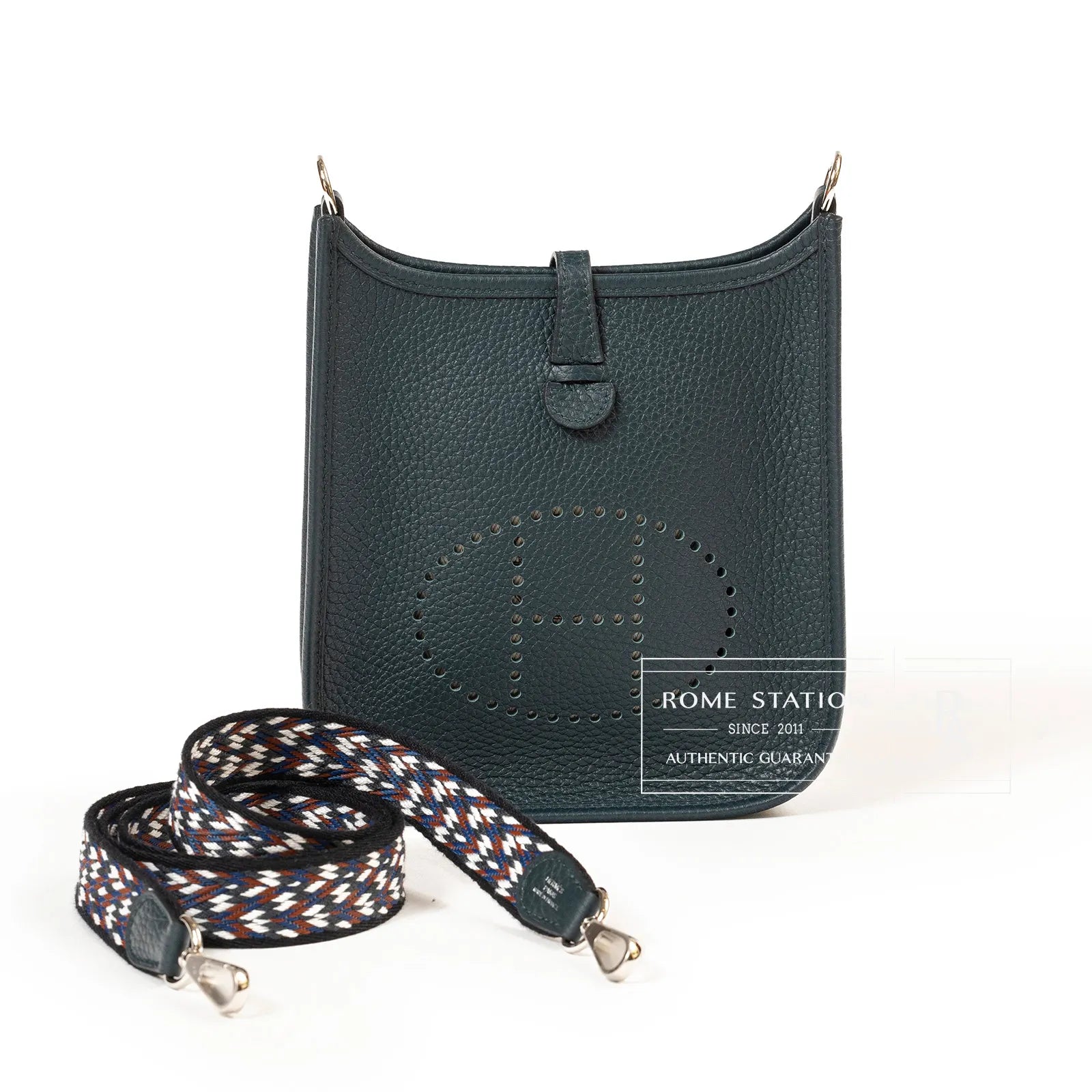 Hermès Mini Evelyne Vert Cypress/Noir/Blanc Clemence Palladium Hardware