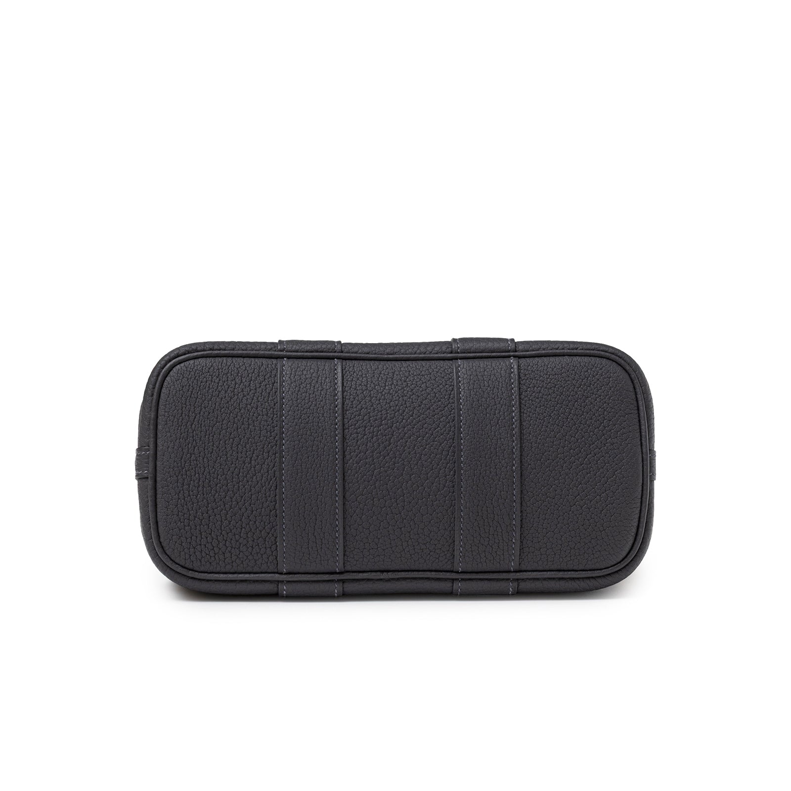 Bottom view of Hermès Mini Garden Party Neo 23 Ardoise Negonda Palladium Hardware in dark textured leather
