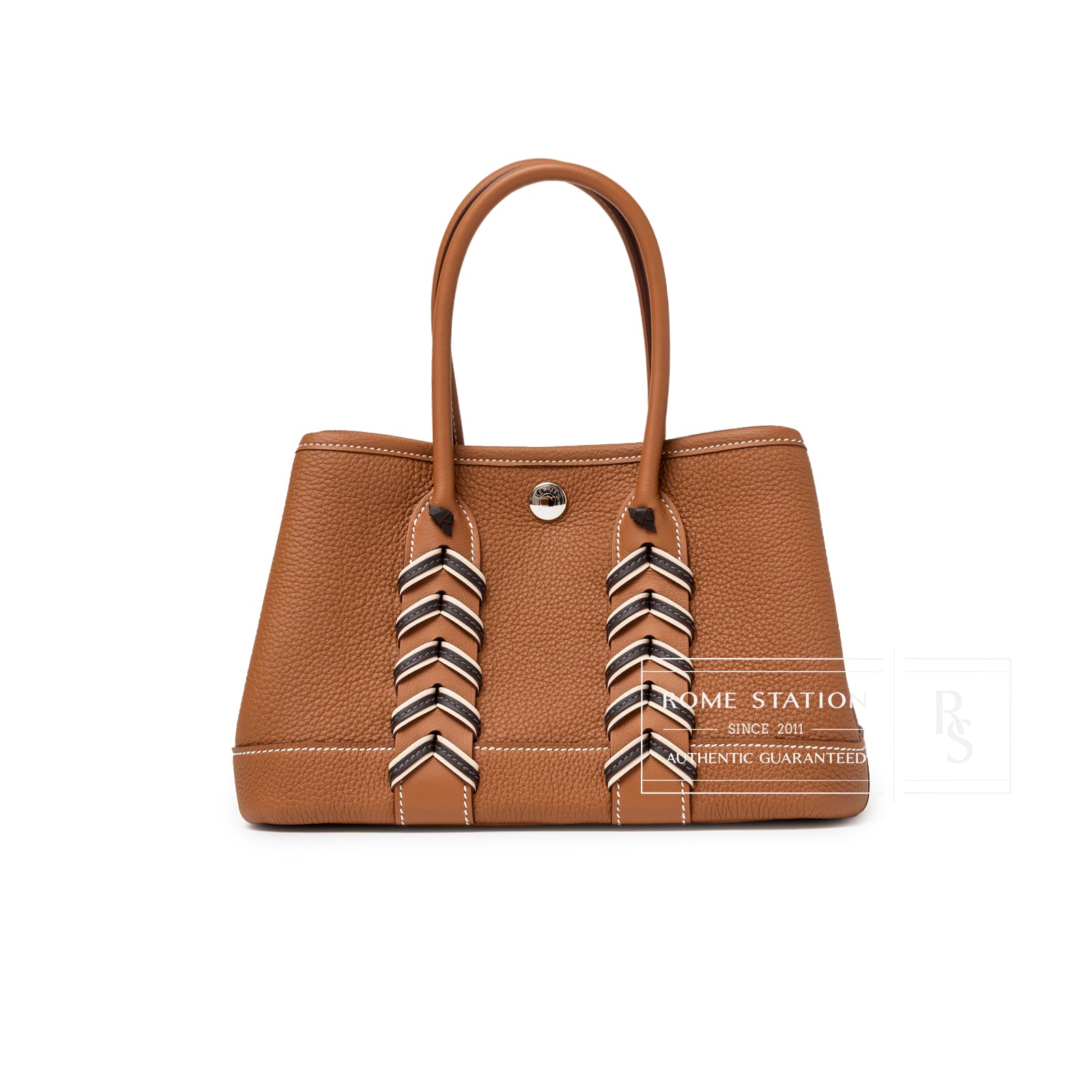 Front view of Hermès Mini Garden Party Neo 23 Bredies Gold Bai Brun Craie Togo Palladium Hardware with textured leather and stitched accents